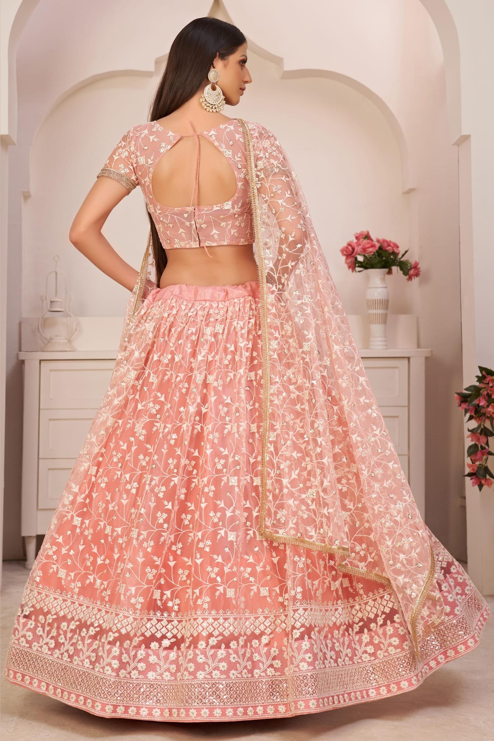 Peach Net Lehenga Choli For Indian & Pakistani Wedding Festival - Thread & Sequins Embroidery Work, Zari Work