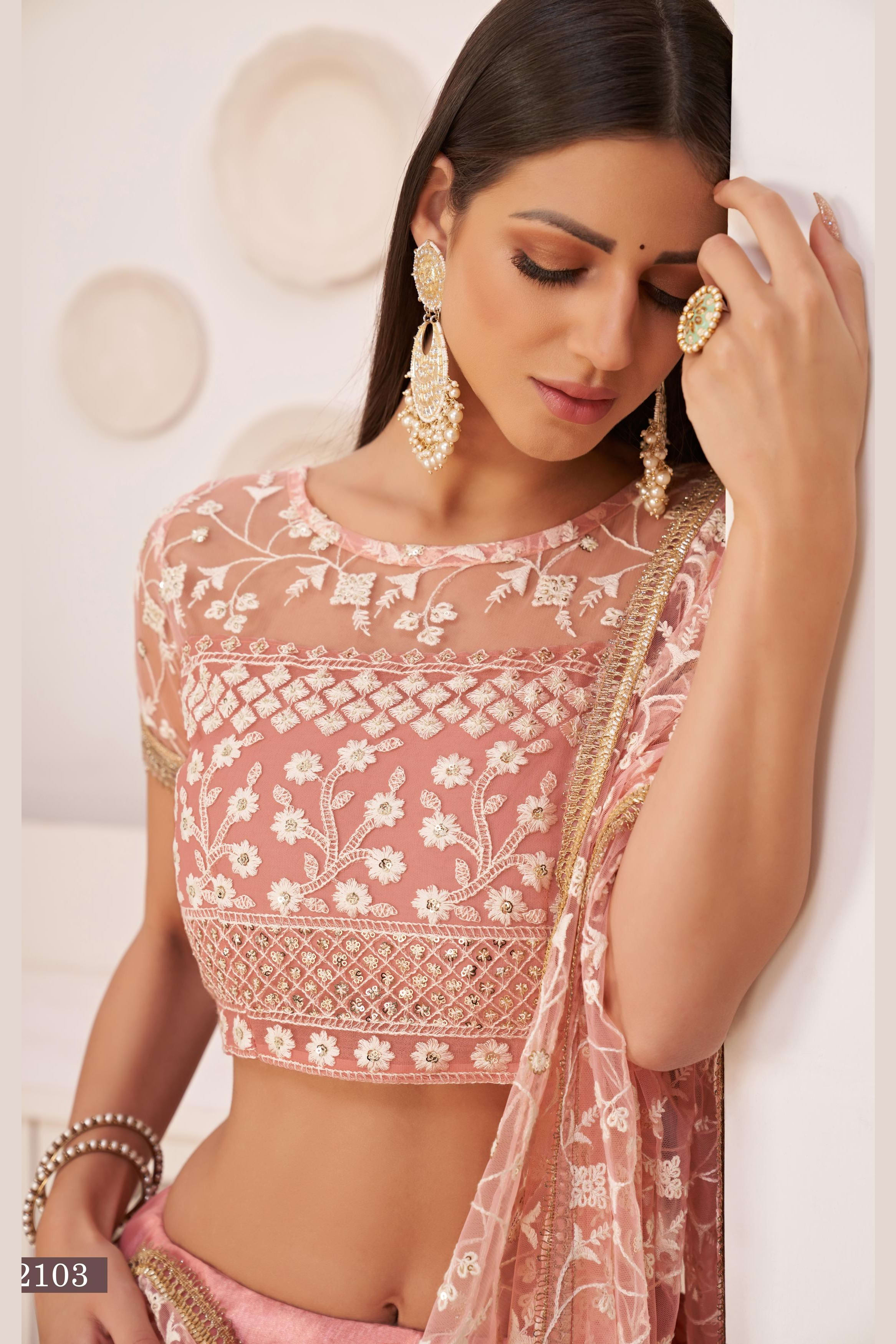 Peach Net Lehenga Choli For Indian & Pakistani Wedding Festival - Thread & Sequins Embroidery Work, Zari Work