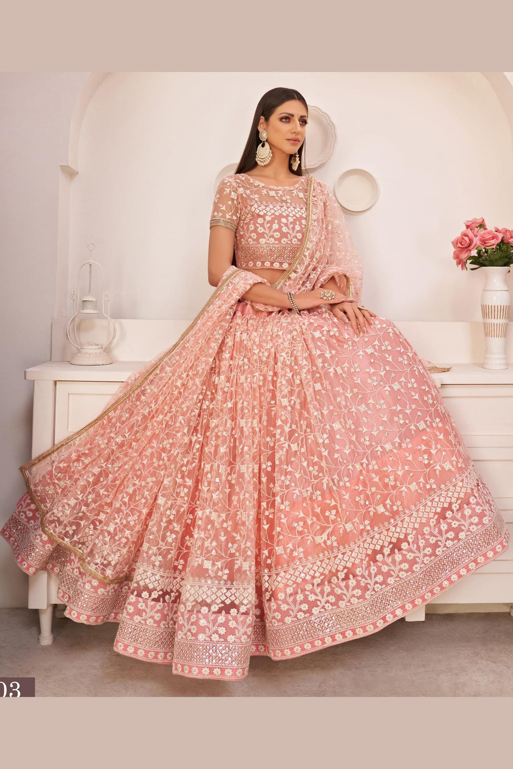 Peach Net Lehenga Choli For Indian & Pakistani Wedding Festival - Thread & Sequins Embroidery Work, Zari Work