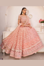 Peach Net Lehenga Choli For Indian & Pakistani Wedding Festival - Thread & Sequins Embroidery Work, Zari Work
