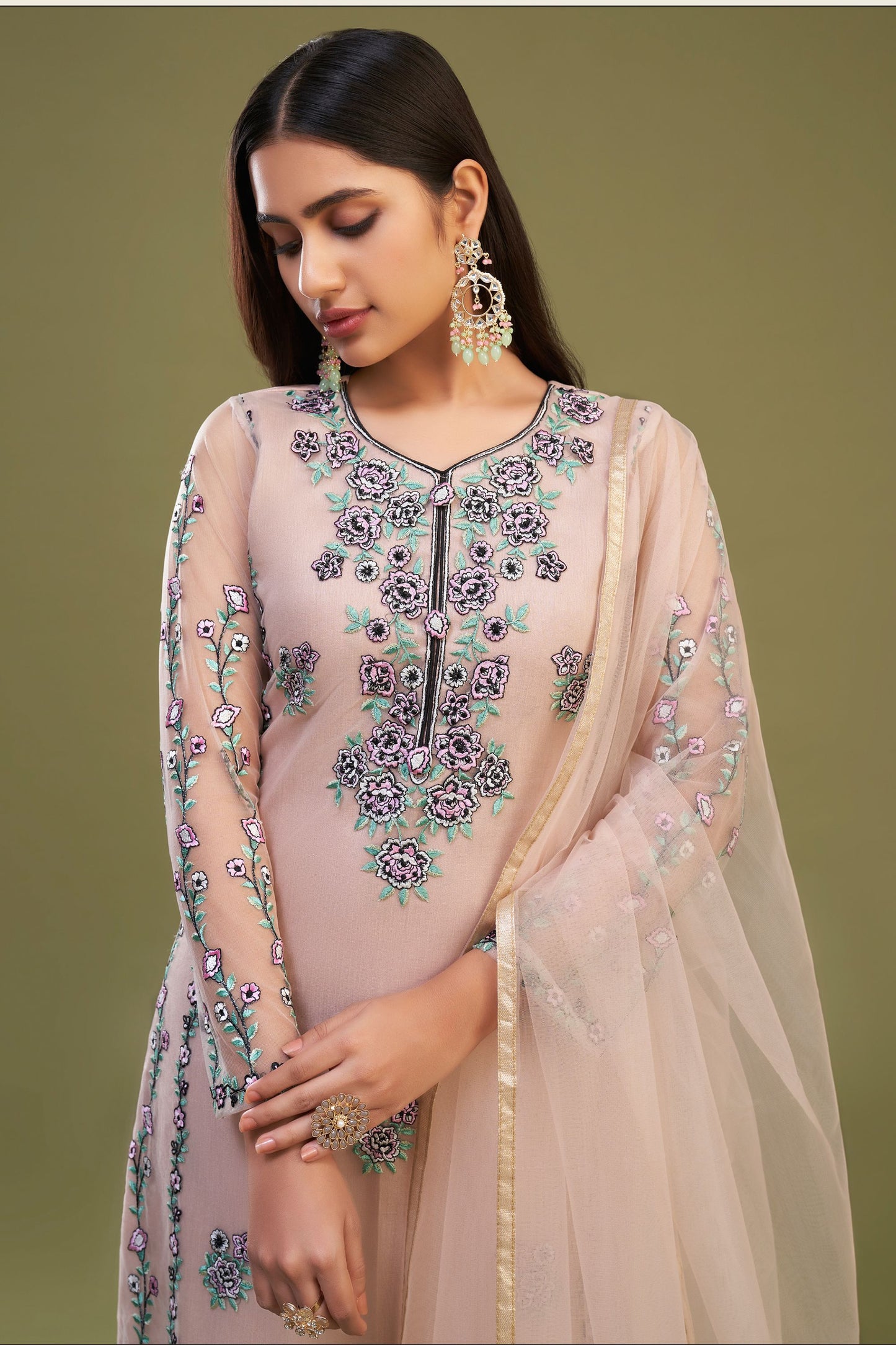 Peach Net Pakistani Salwar Kameez Suit For Indian Festivals & Weddings - Thread Embroidery Work