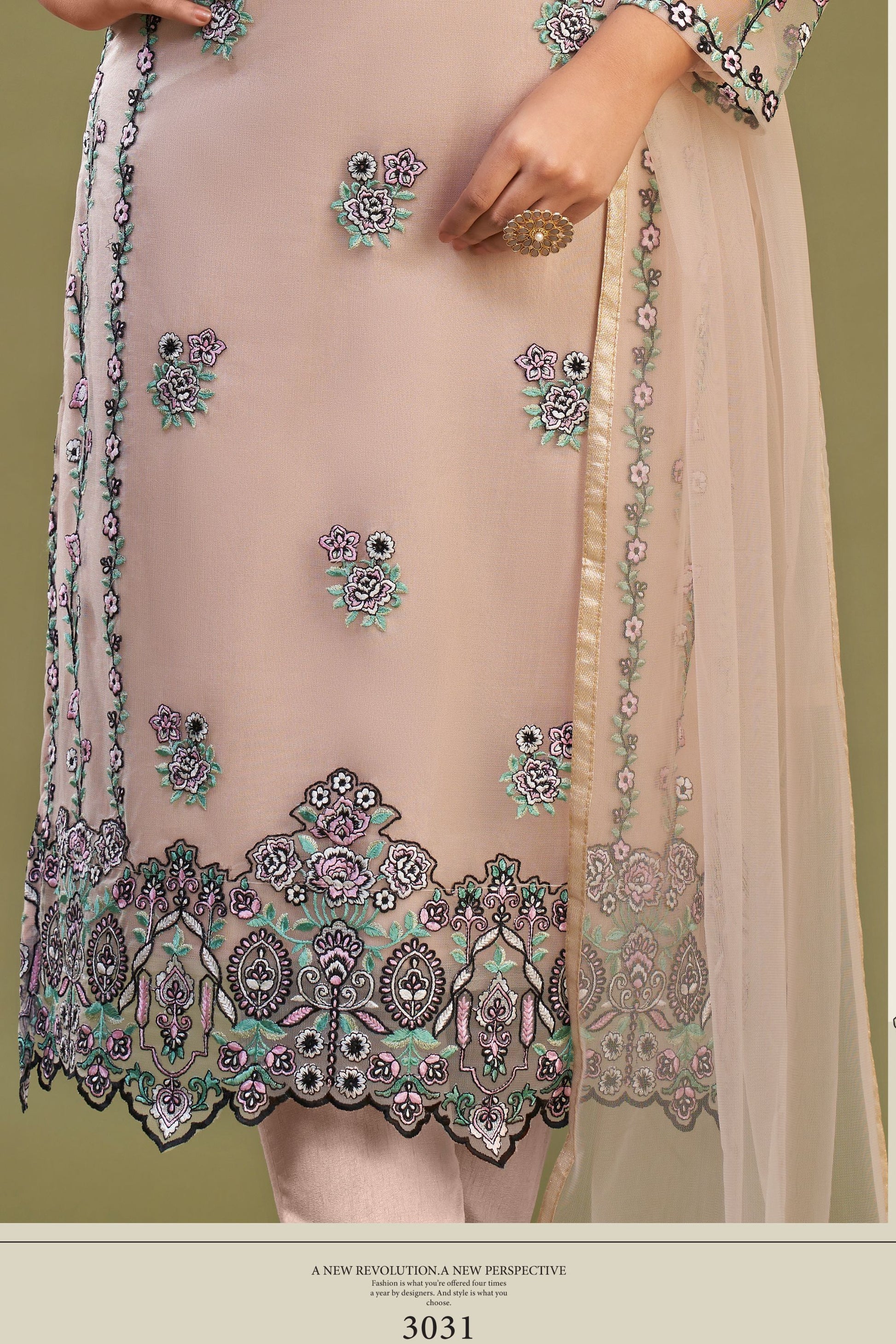 Peach Net Pakistani Salwar Kameez Suit For Indian Festivals & Weddings - Thread Embroidery Work