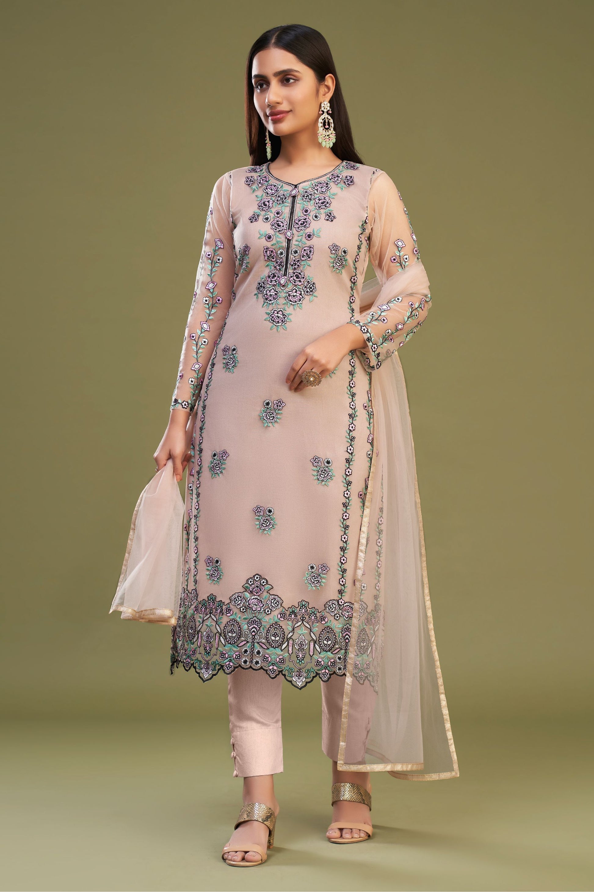 Peach Net Pakistani Salwar Kameez Suit For Indian Festivals & Weddings - Thread Embroidery Work