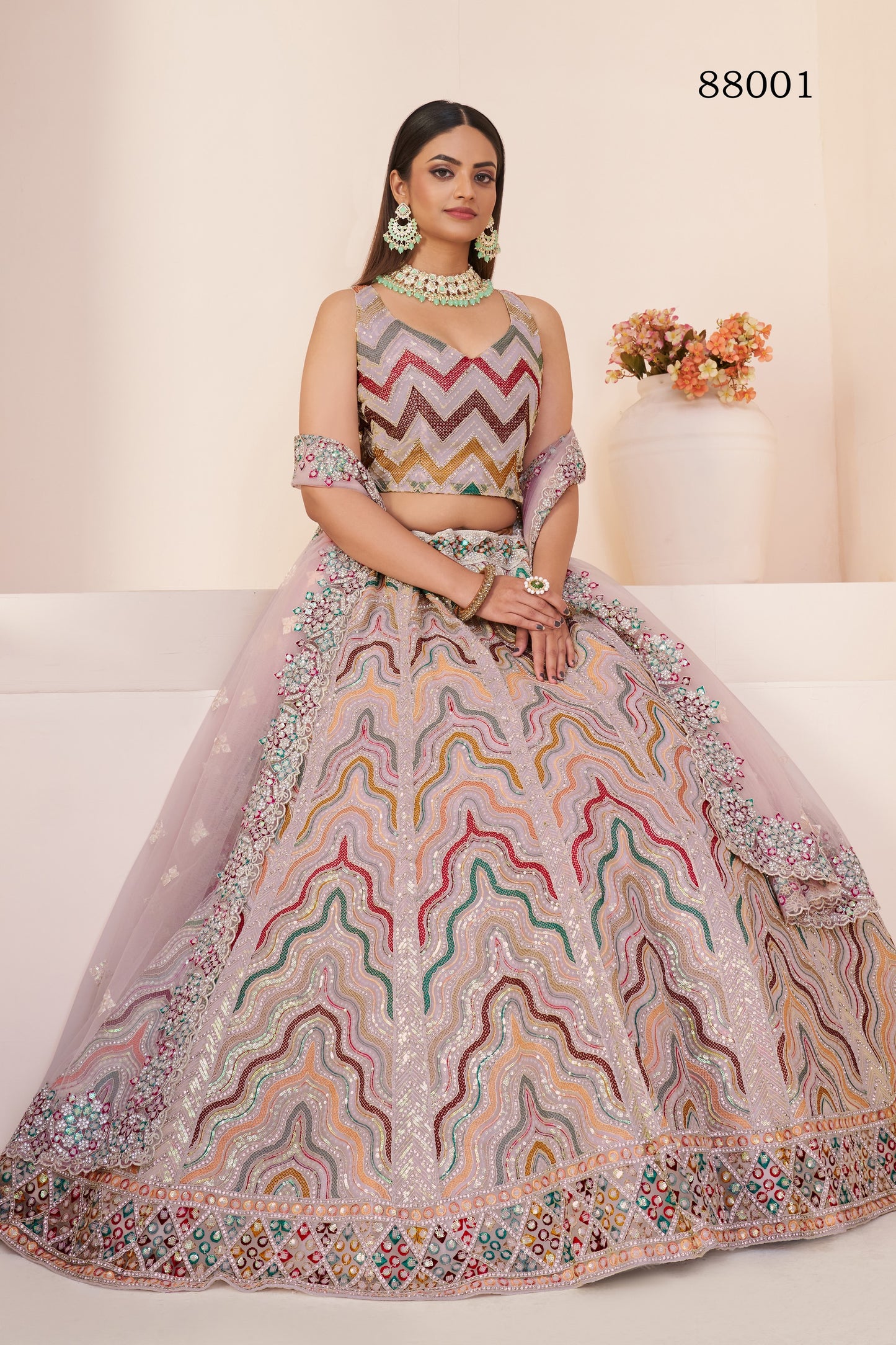 Peach Pakistani Net Lehenga Choli For Indian Festivals & Weddings - Sequence Embroidery Work, Thread Embroidery Work, Stone Work