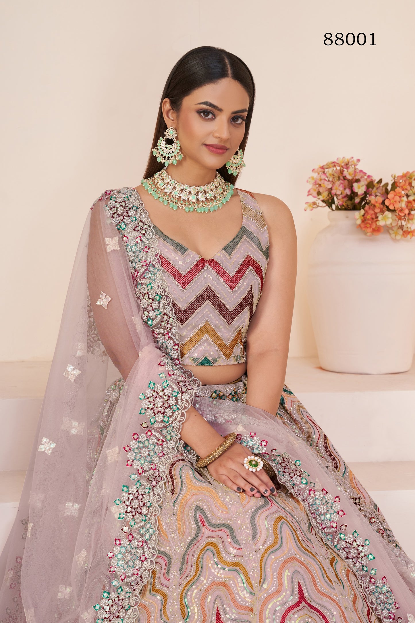 Peach Pakistani Net Lehenga Choli For Indian Festivals & Weddings - Sequence Embroidery Work, Thread Embroidery Work, Stone Work