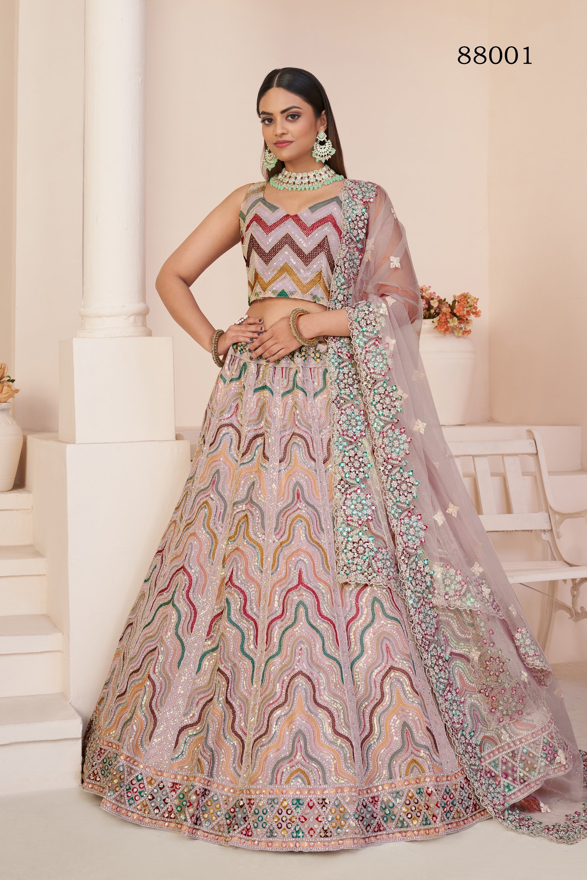 Peach Pakistani Net Lehenga Choli For Indian Festivals & Weddings - Sequence Embroidery Work, Thread Embroidery Work, Stone Work