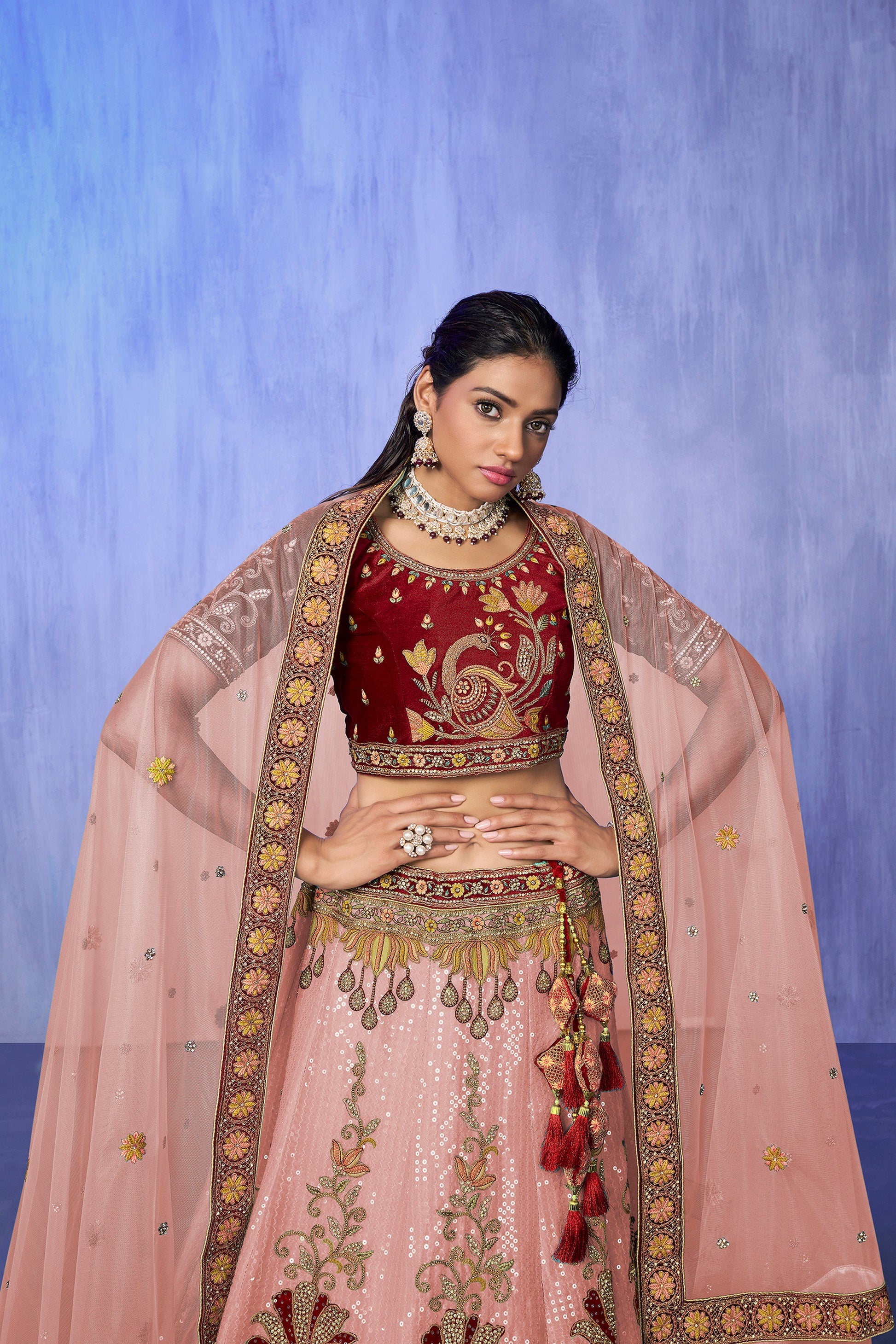 Peach Pakistani Velvet Lehenga Choli For Indian Festivals & Weddings - Embroidery Work,