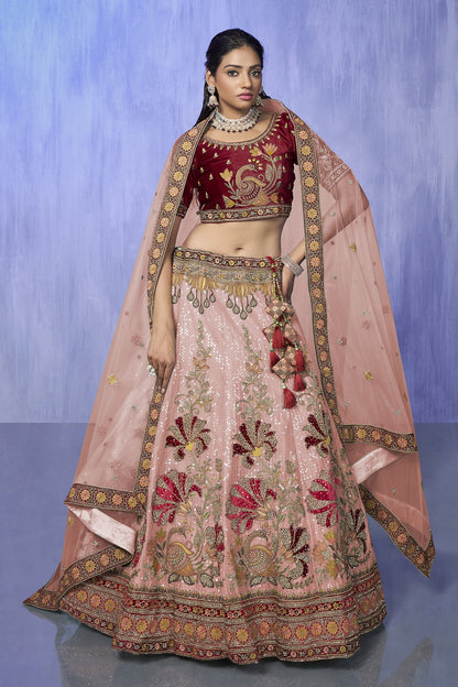 Peach Pakistani Velvet Lehenga Choli For Indian Festivals & Weddings - Embroidery Work,