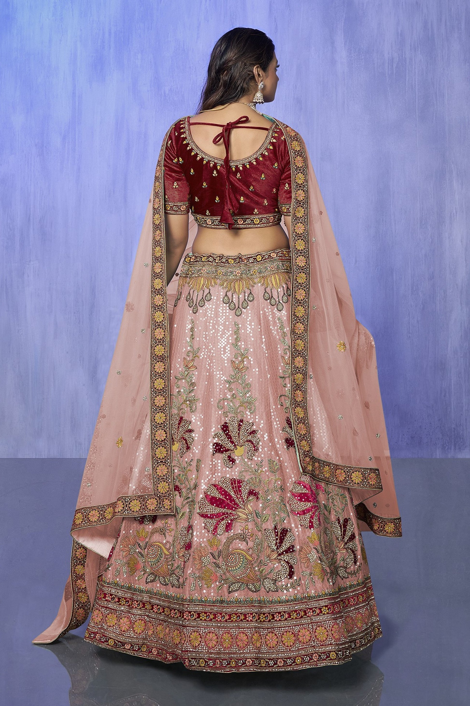 Peach Pakistani Velvet Lehenga Choli For Indian Festivals & Weddings - Embroidery Work,