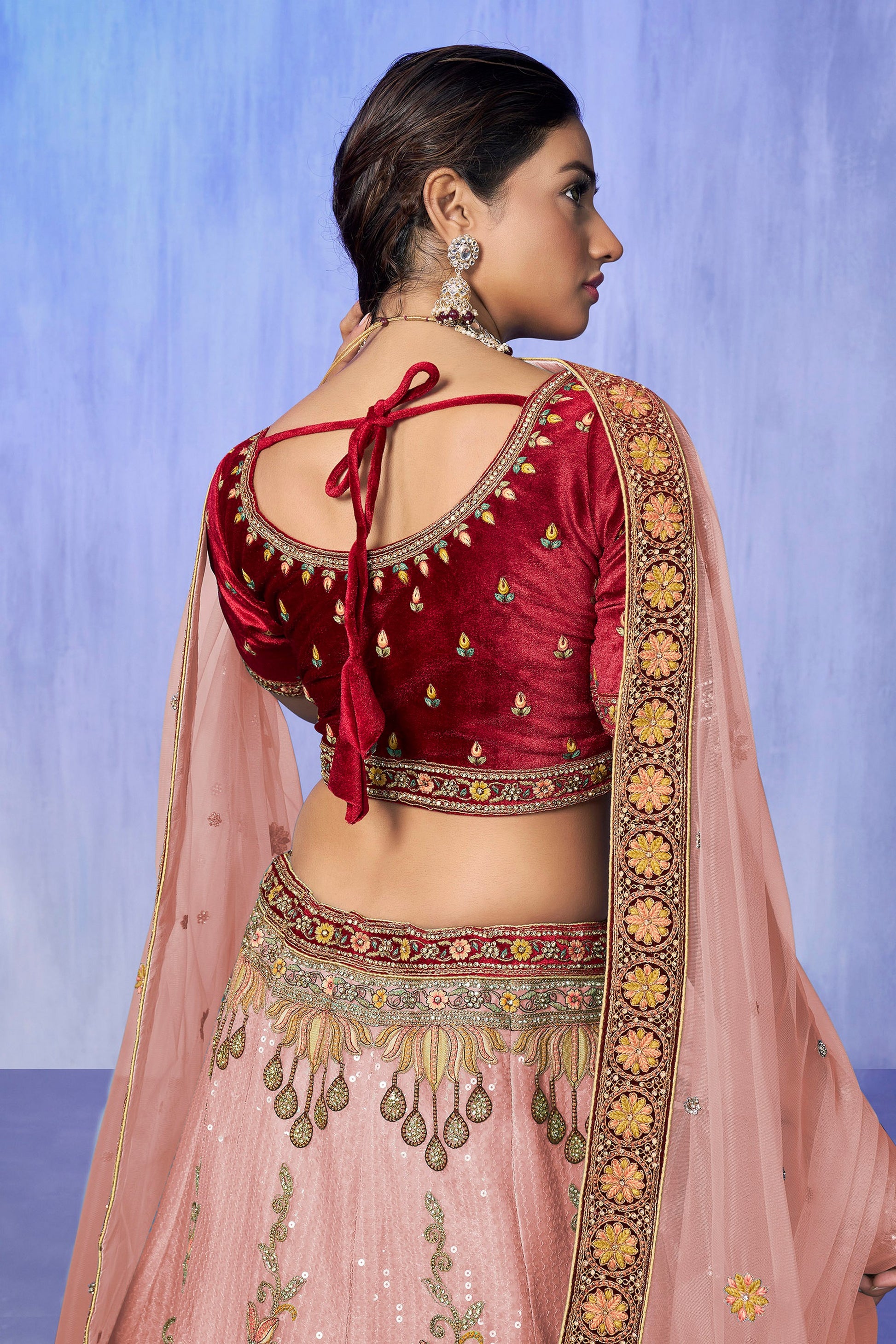 Peach Pakistani Velvet Lehenga Choli For Indian Festivals & Weddings - Embroidery Work,