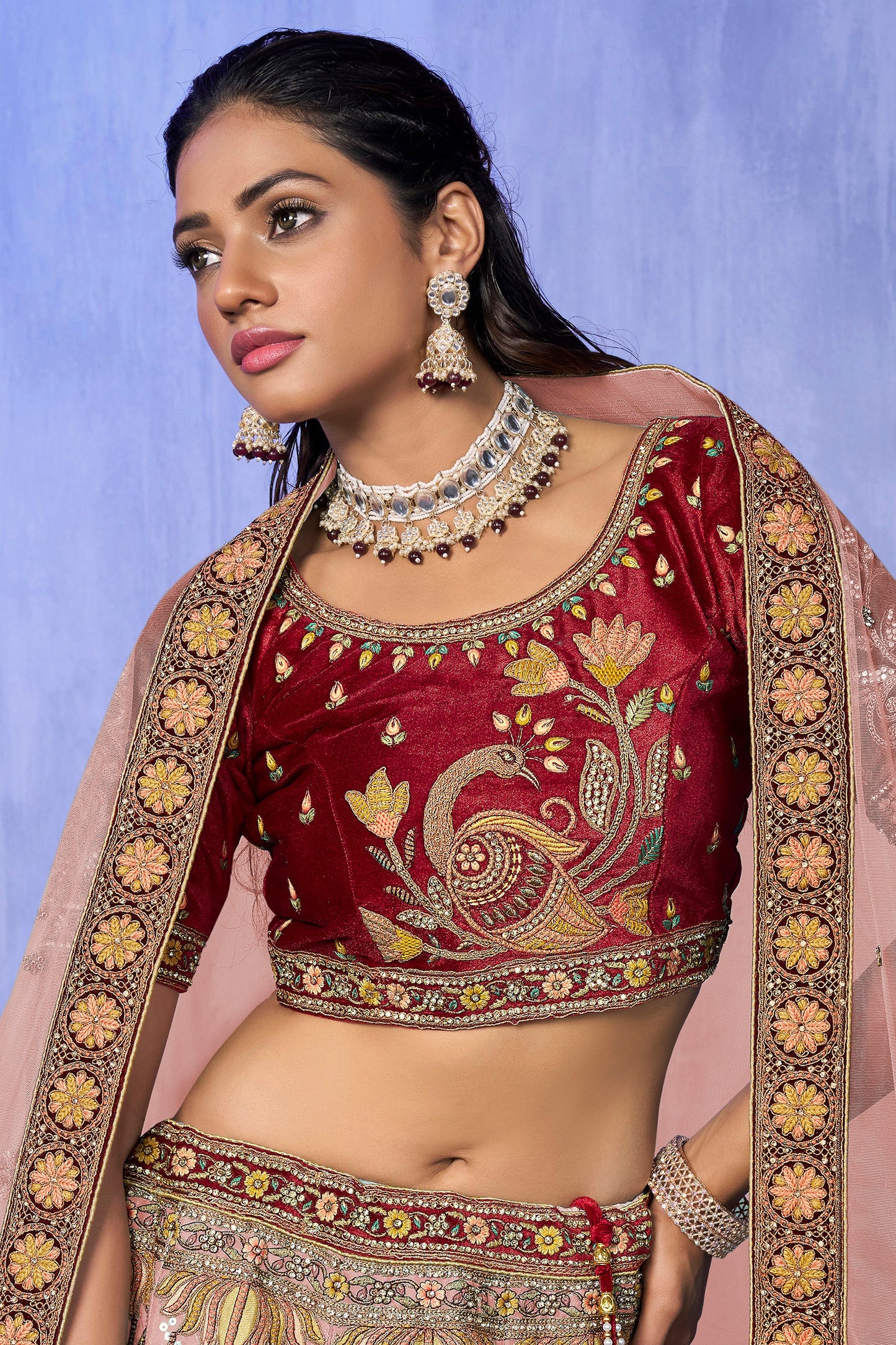 Peach Pakistani Velvet Lehenga Choli For Indian Festivals & Weddings - Embroidery Work,