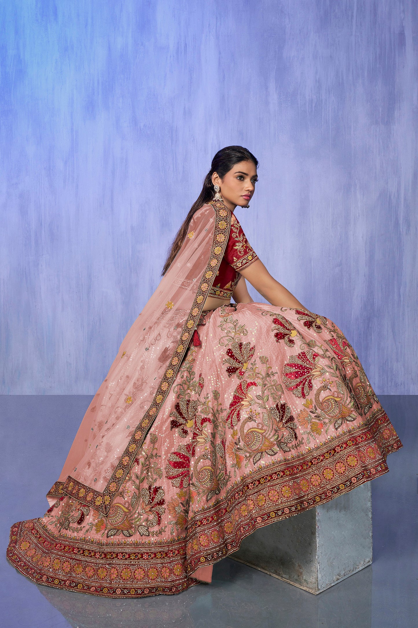 Peach Pakistani Velvet Lehenga Choli For Indian Festivals & Weddings - Embroidery Work,