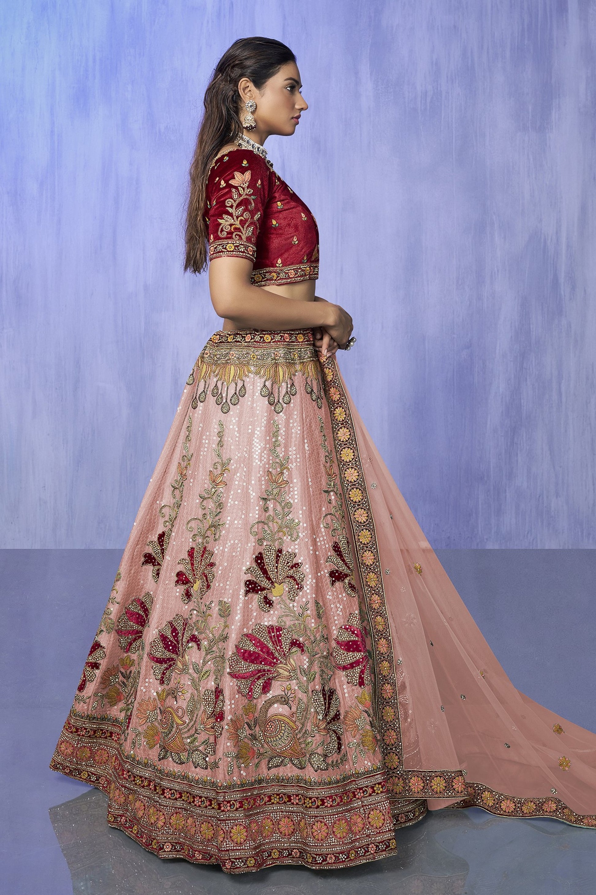 Peach Pakistani Velvet Lehenga Choli For Indian Festivals & Weddings - Embroidery Work,