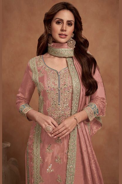 Peach Simar Silk Plazo Suit For Indian Festivals & Weddings - Embroidery Work