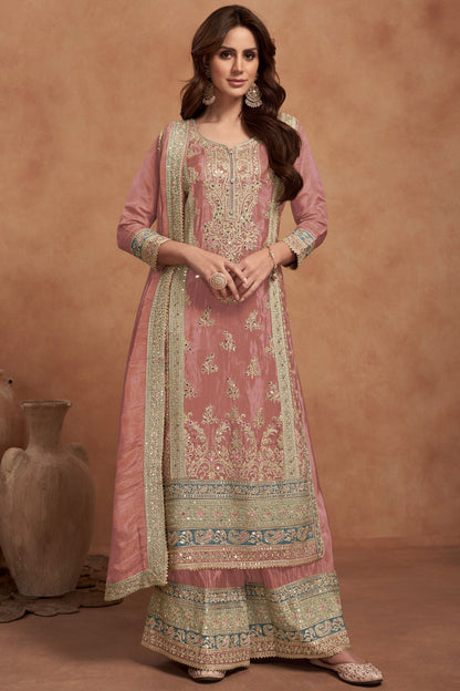 Peach Simar Silk Plazo Suit For Indian Festivals & Weddings - Embroidery Work