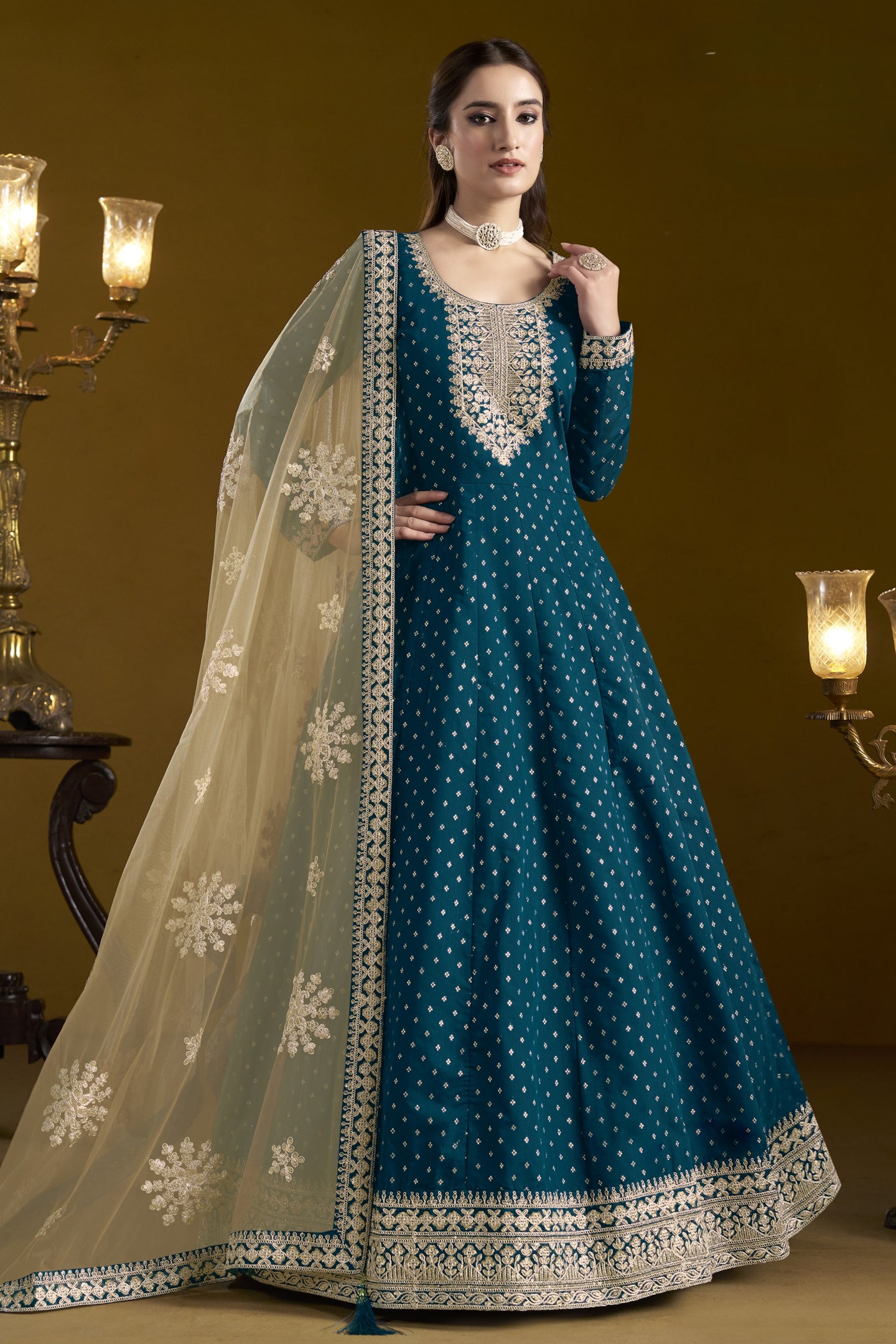Peacock Blue Chanderi Silk Anarkali Dress for Reception with Sequins and Dori Work