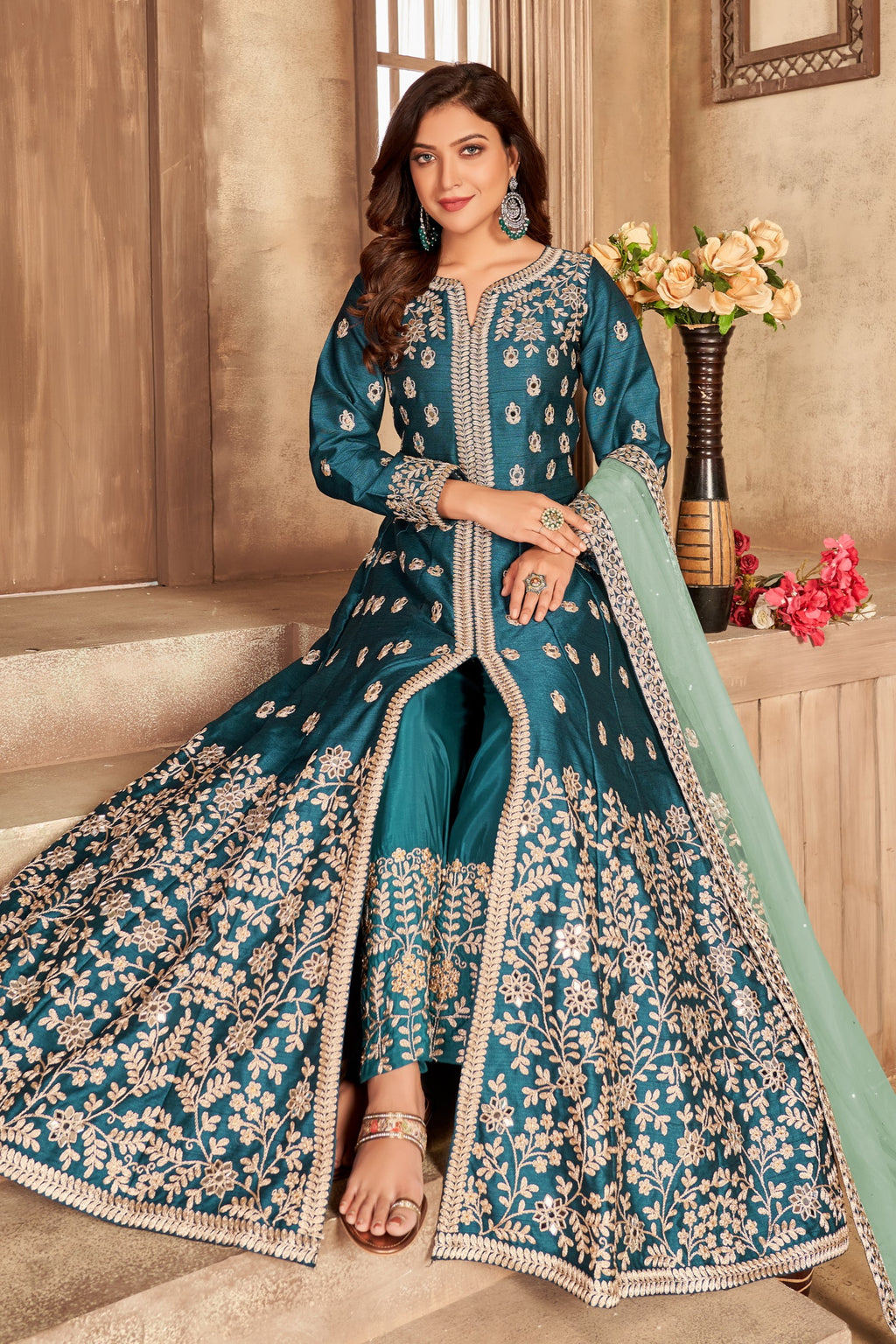 Peacock Blue Art Silk Indian Anarkali Dress with Mirror Work