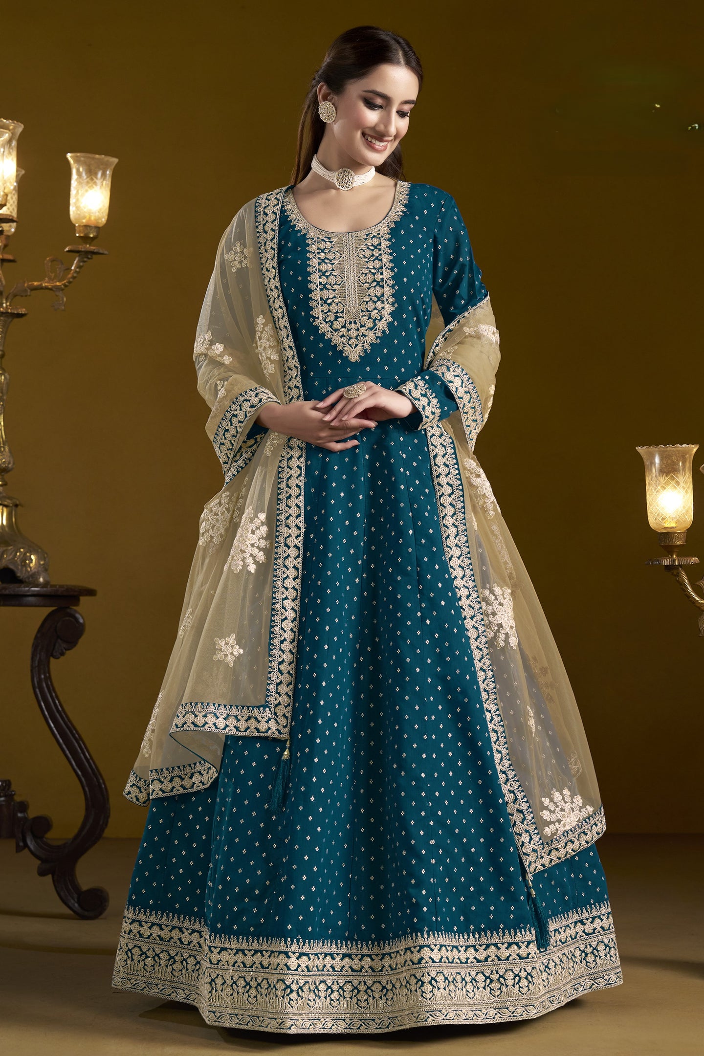 Peacock Blue Chanderi Silk Anarkali Dress for Reception with Sequins and Dori Work