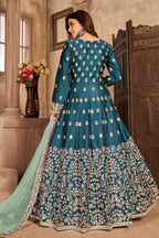 Peacock Blue Art Silk Indian Anarkali Dress with Mirror Work