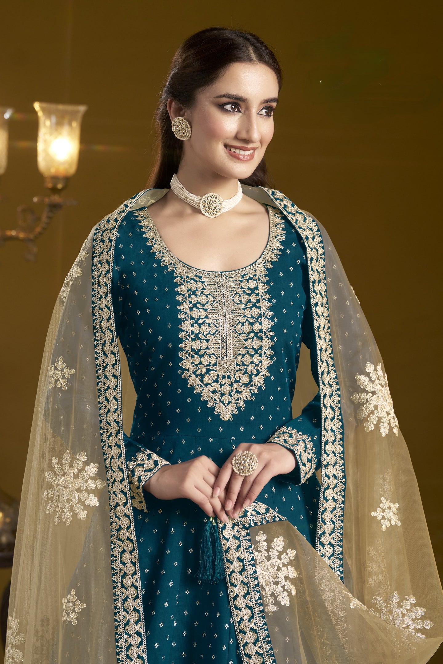 Peacock Blue Chanderi Silk Anarkali Dress for Reception with Sequins and Dori Work