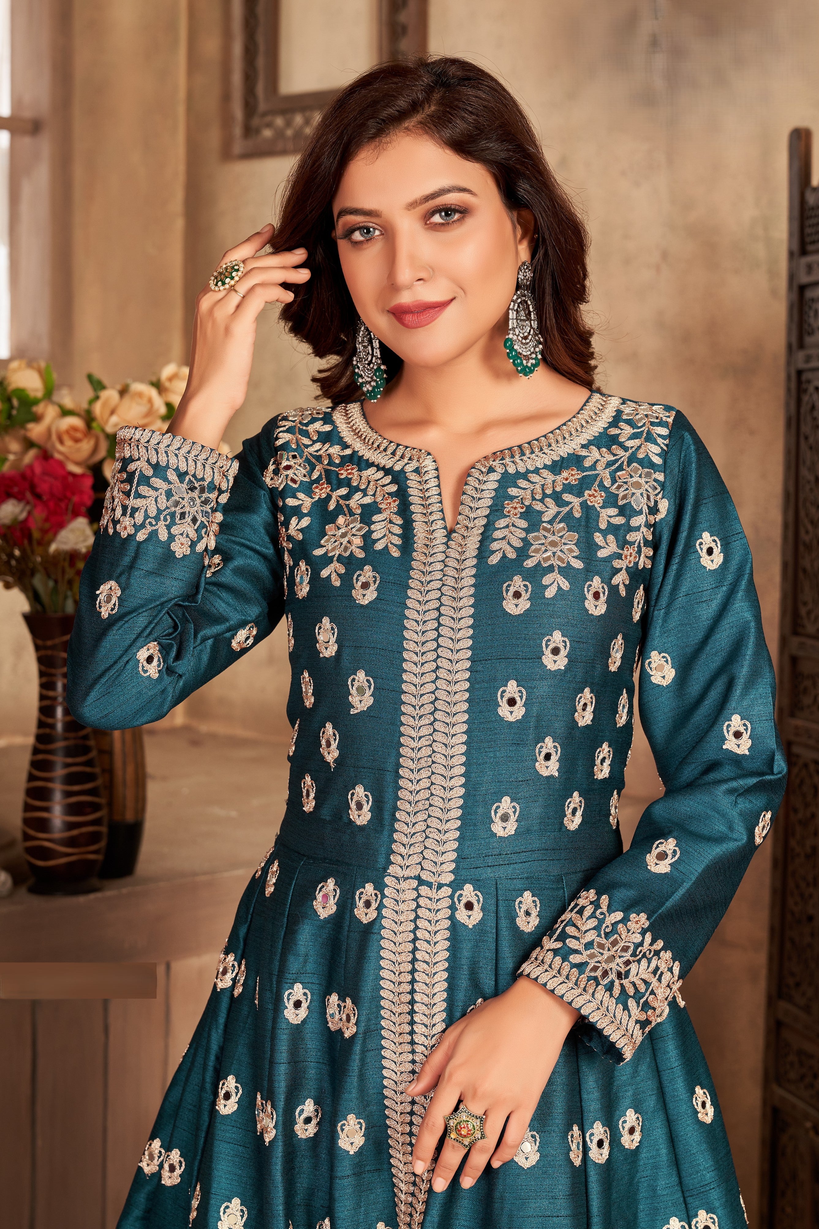 Peacock Blue Art Silk Indian Anarkali Dress with Mirror Work