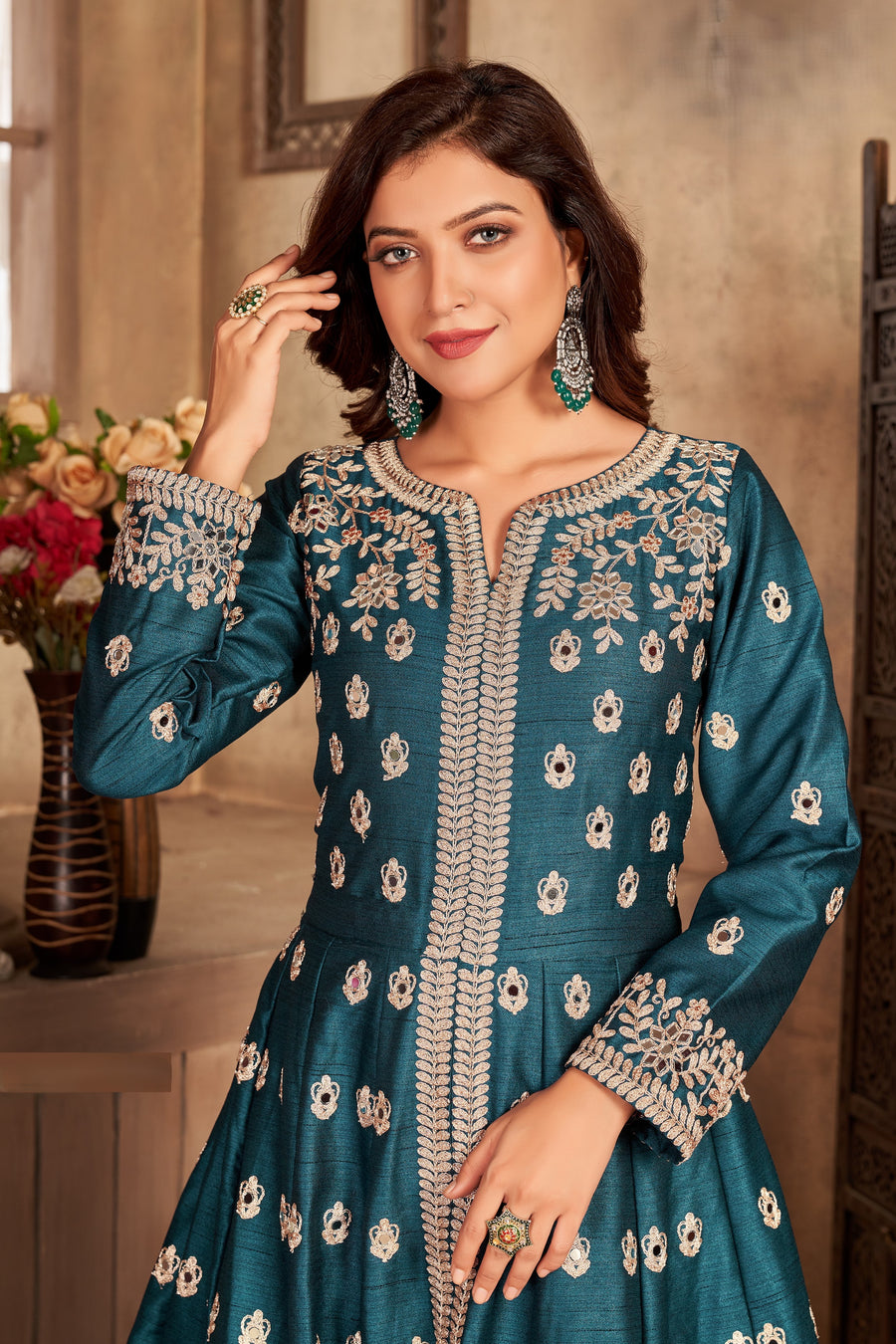 Peacock Blue Art Silk Indian Anarkali Dress with Mirror Work