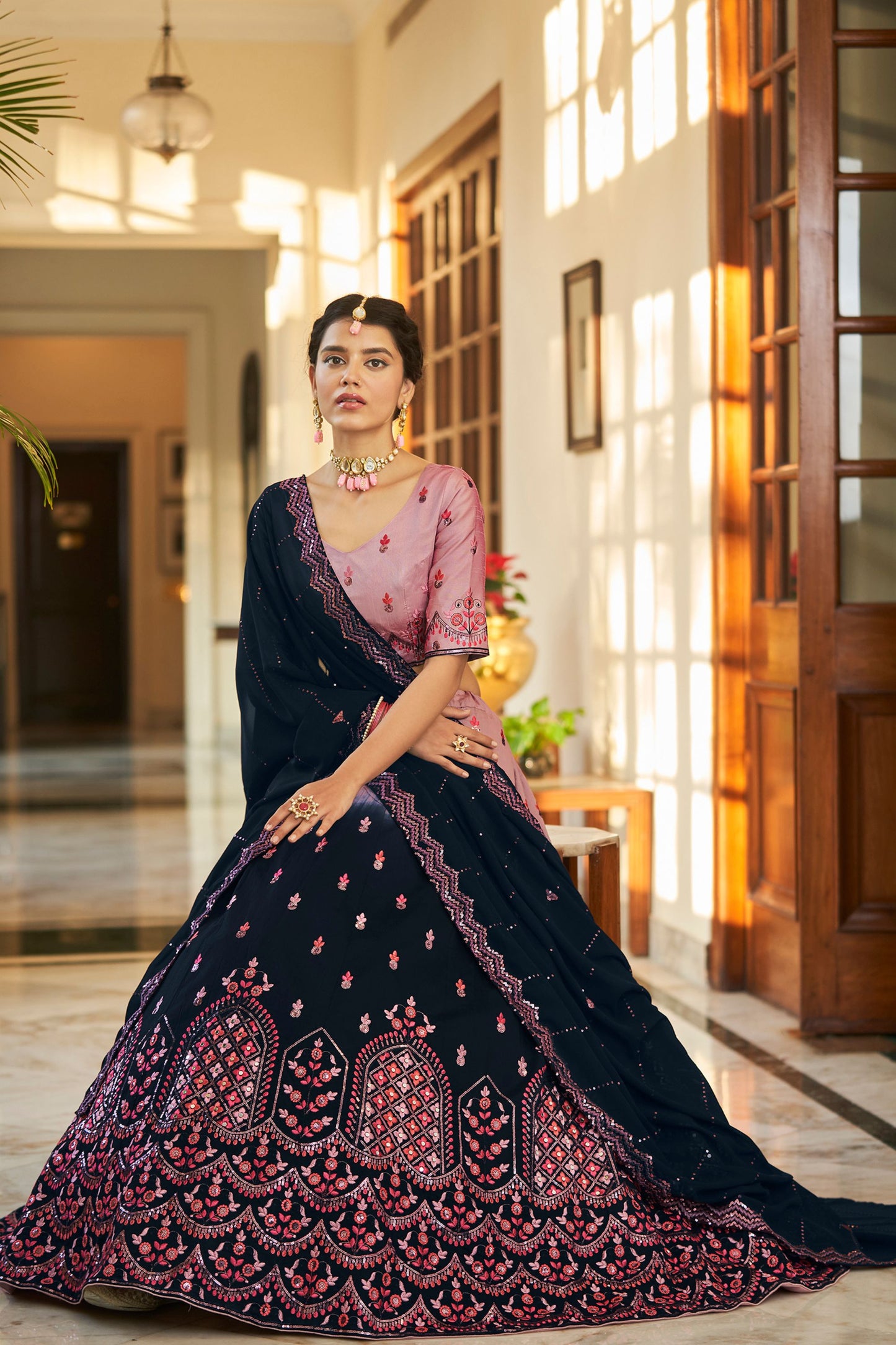 Pink Art Silk Lehenga Choli For Indian Festivals & Weddings - Sequence Embroidery Work, Thread Work