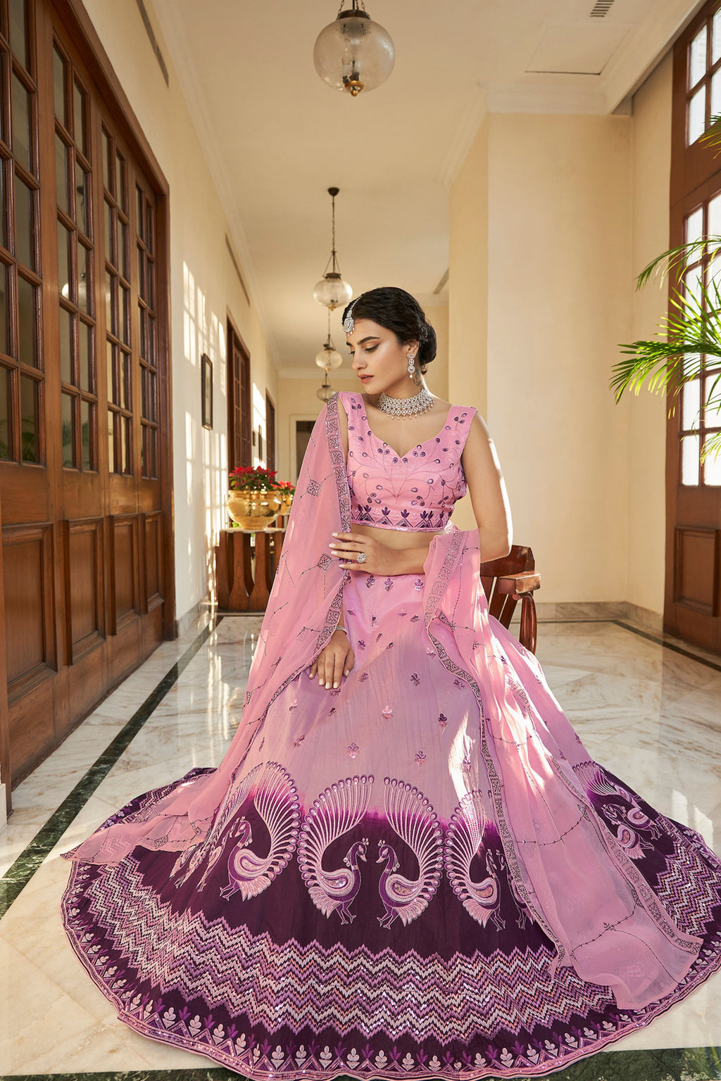 Pink Art Silk Lehenga Choli For Indian Festivals & Weddings - Sequence Embroidery Work, Thread Work
