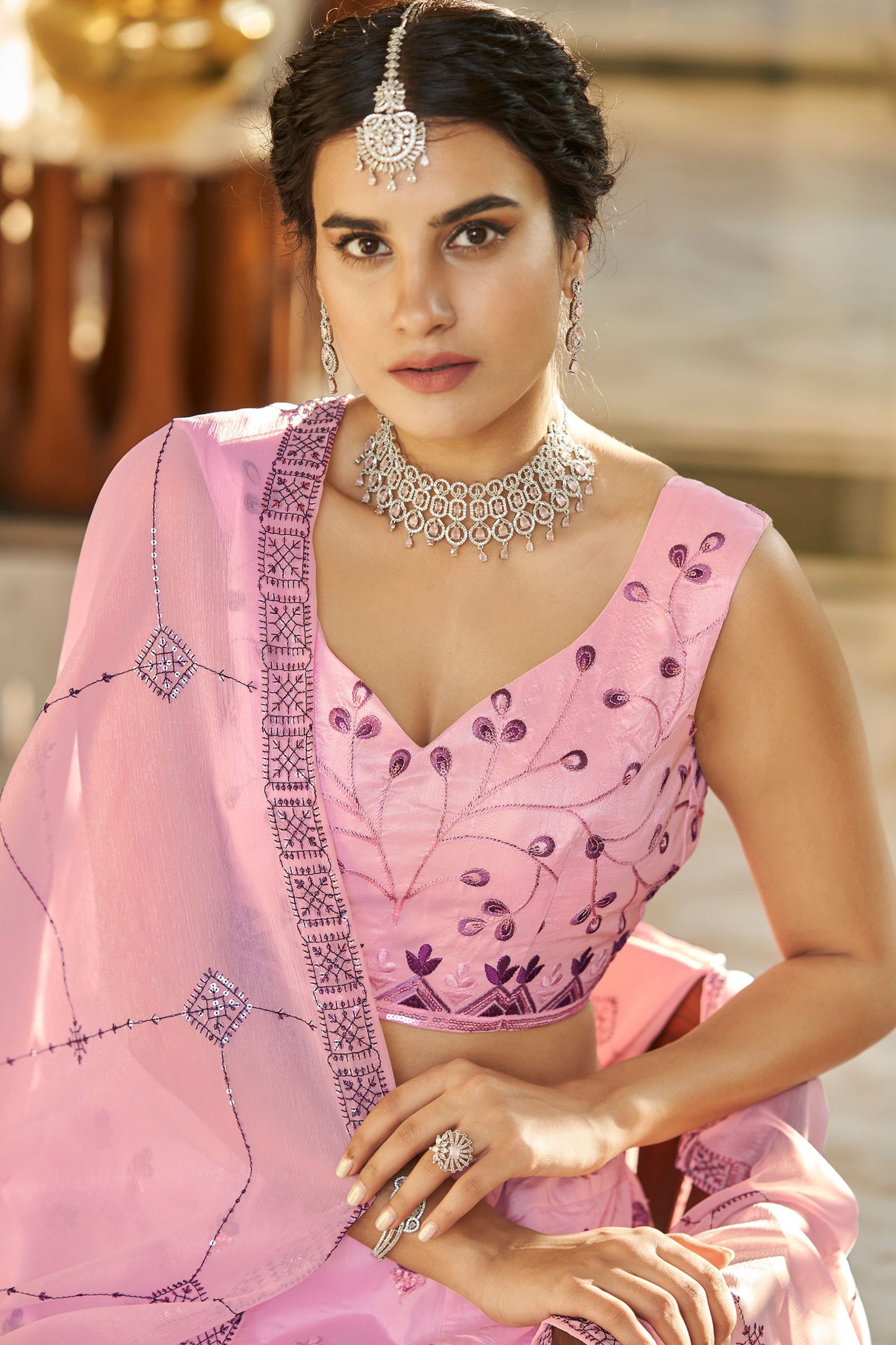 Pink Art Silk Lehenga Choli For Indian Festivals & Weddings - Sequence Embroidery Work, Thread Work