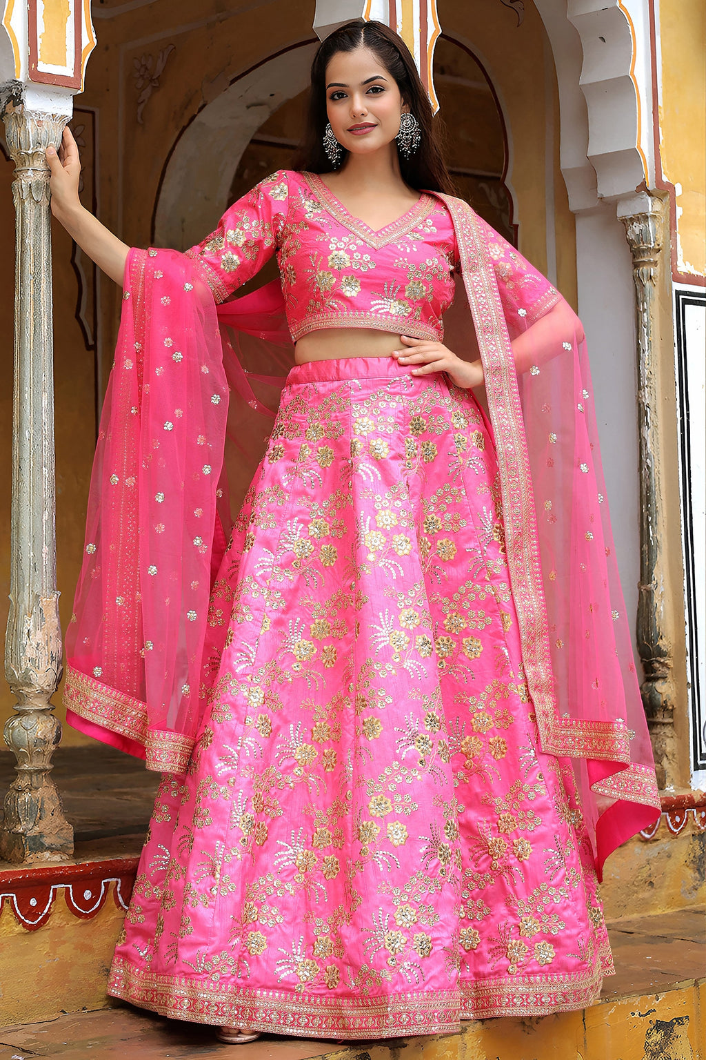 Pink Art Silk Lehenga Choli For Indian & Pakistani Wedding Festival - Zari Work, Dori Work, Sequence Embroidery Work