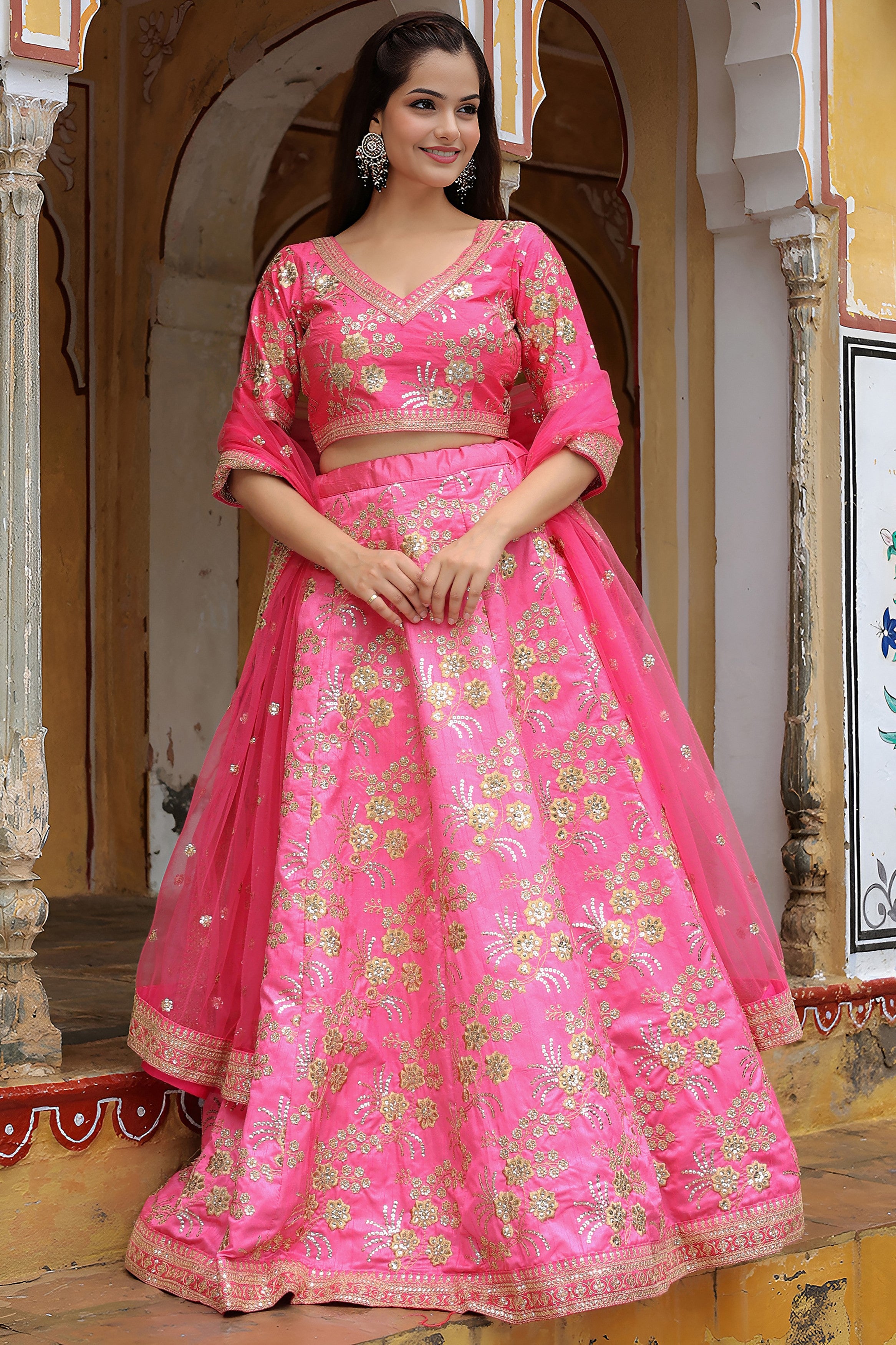 Pink Art Silk Lehenga Choli For Indian & Pakistani Wedding Festival - Zari Work, Dori Work, Sequence Embroidery Work