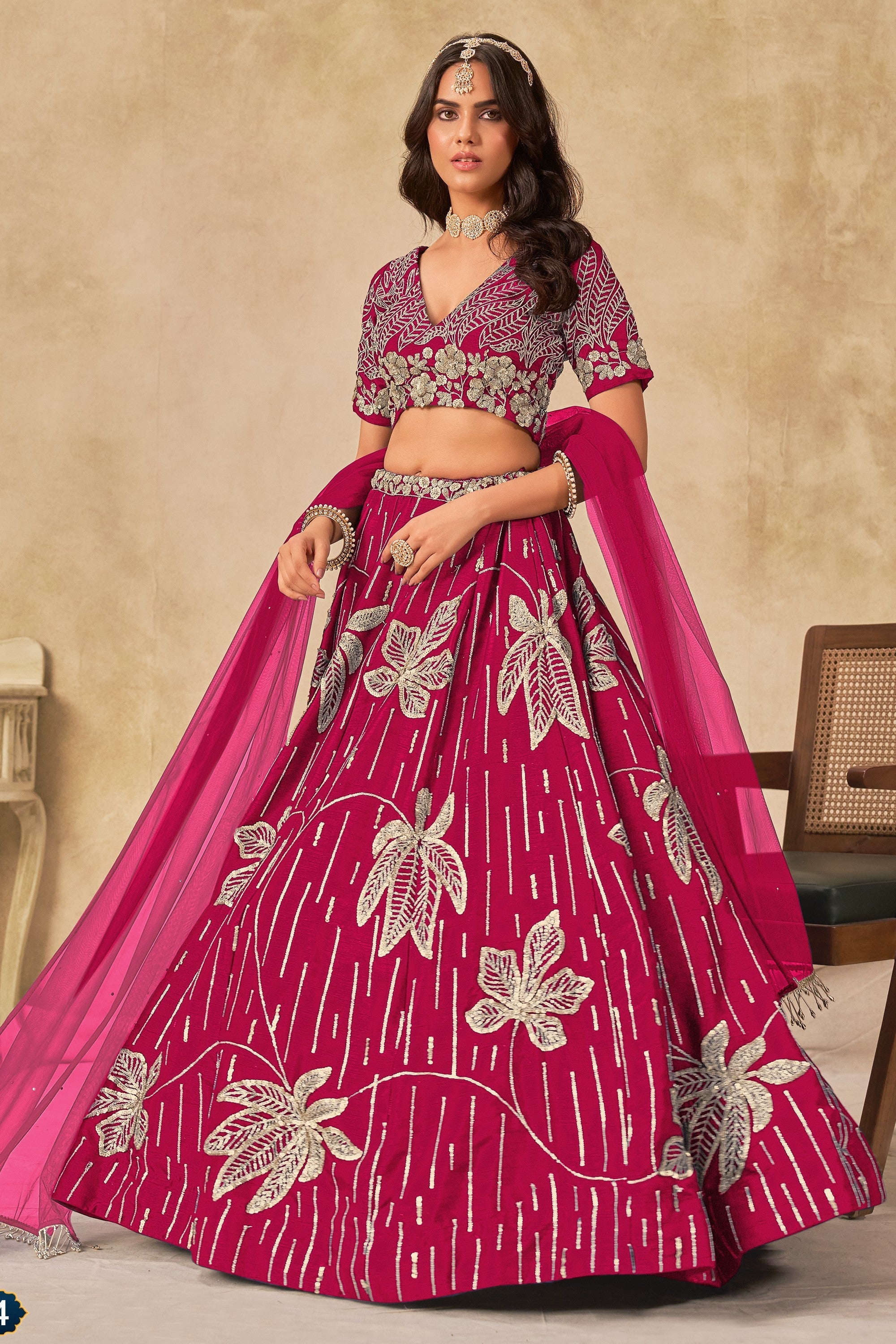 Pink Art Silk Lehenga Choli For Indian & Pakistani Wedding Festival - Sequins & Thread Embroidery Work