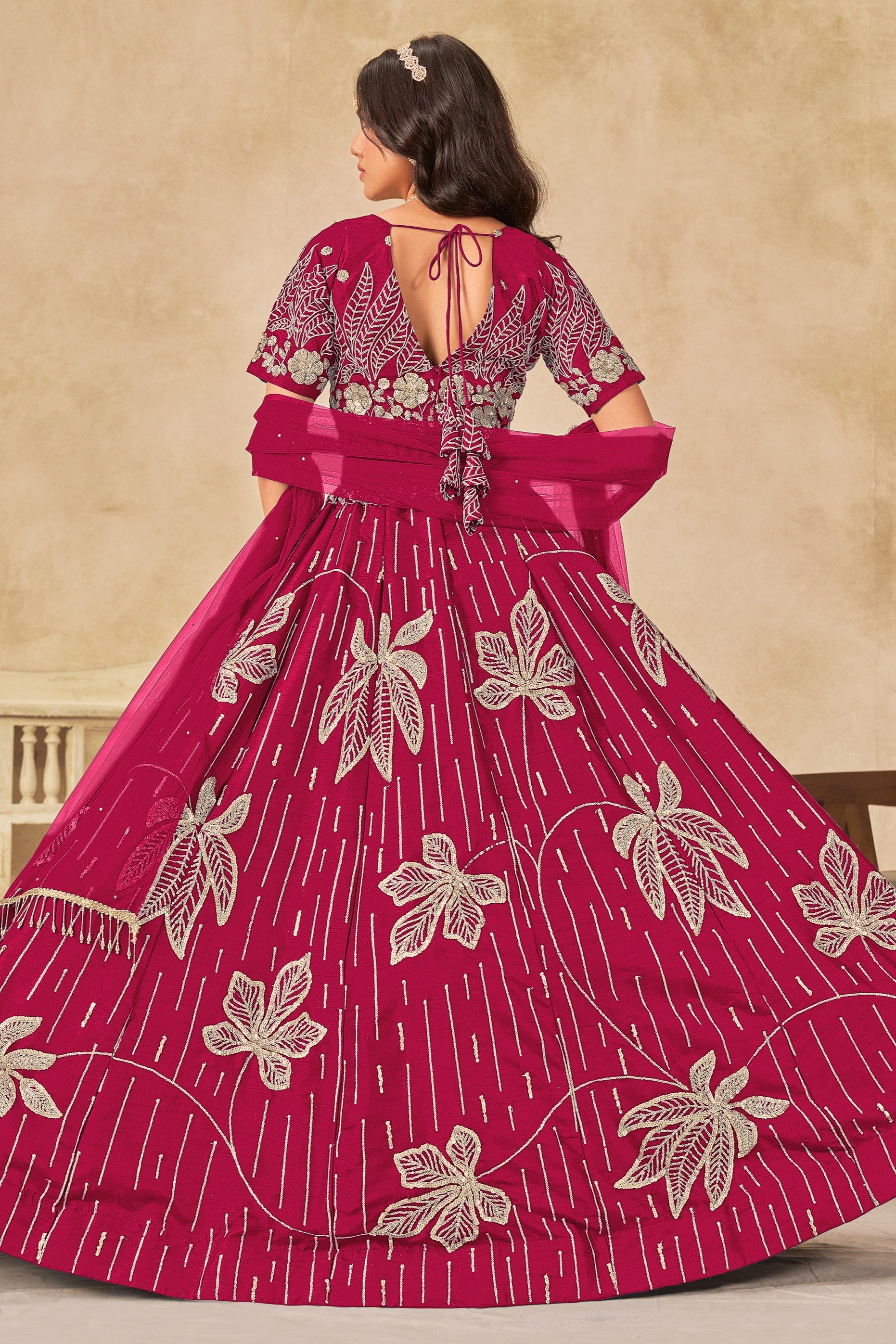 Pink Art Silk Lehenga Choli For Indian & Pakistani Wedding Festival - Sequins & Thread Embroidery Work