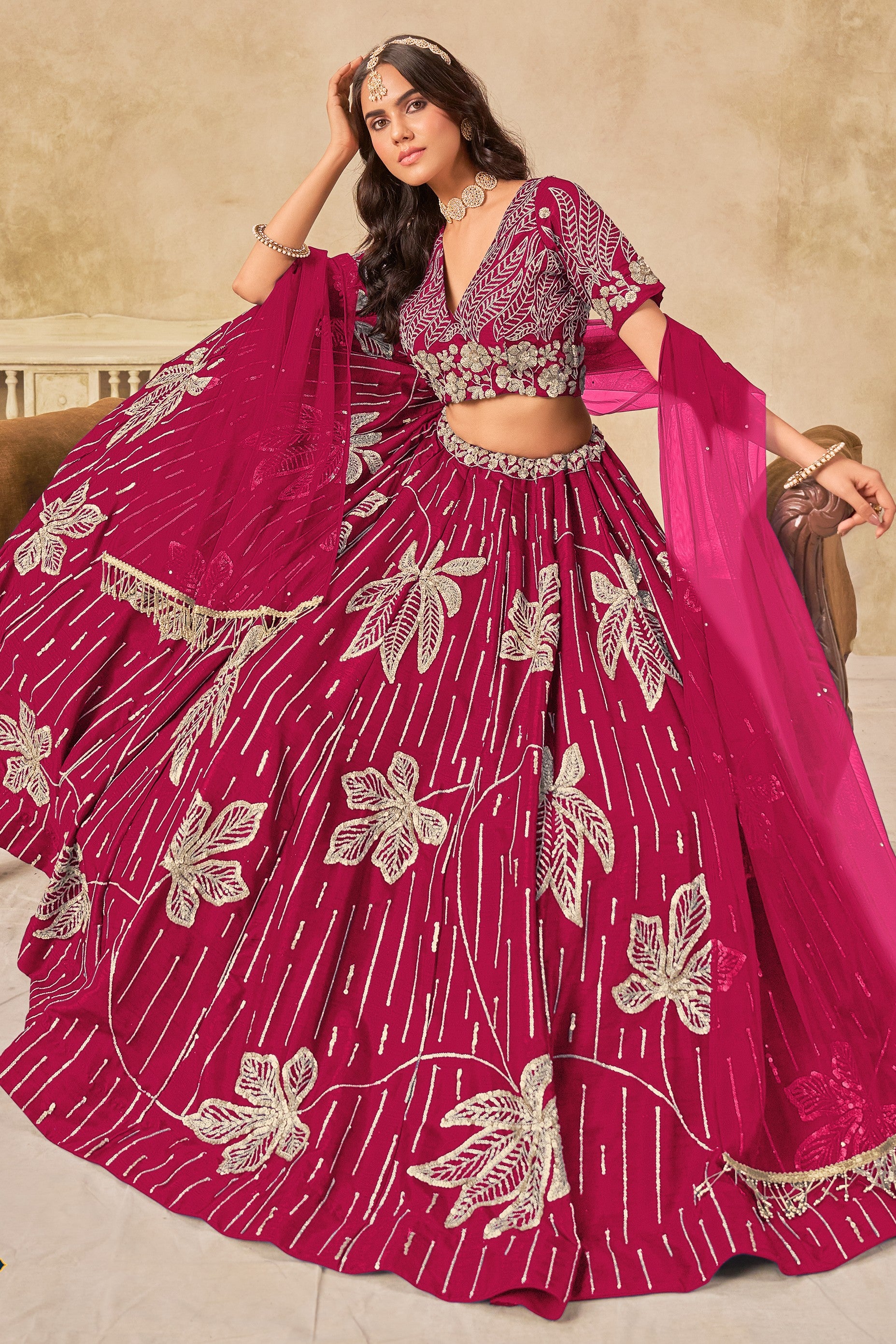 Pink Art Silk Lehenga Choli For Indian & Pakistani Wedding Festival - Sequins & Thread Embroidery Work