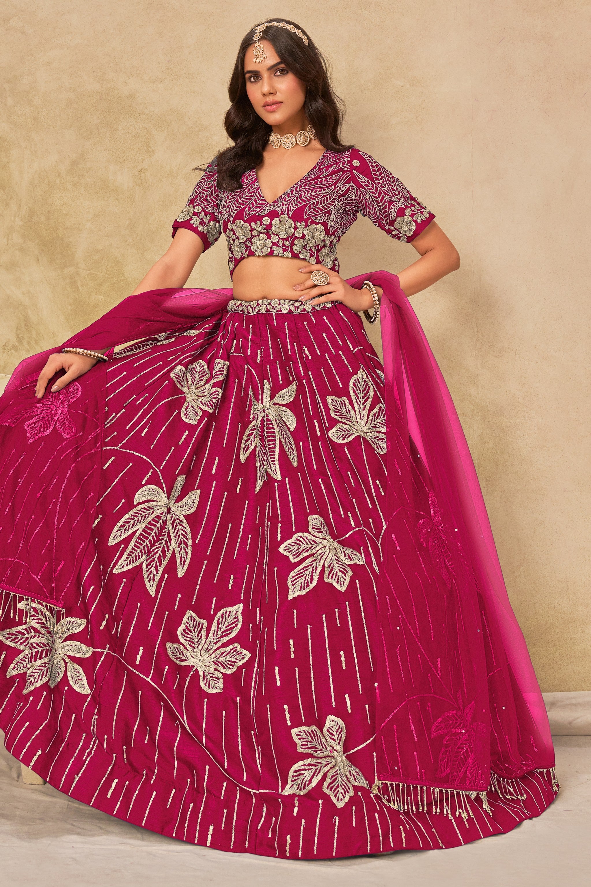 Pink Art Silk Lehenga Choli For Indian & Pakistani Wedding Festival - Sequins & Thread Embroidery Work