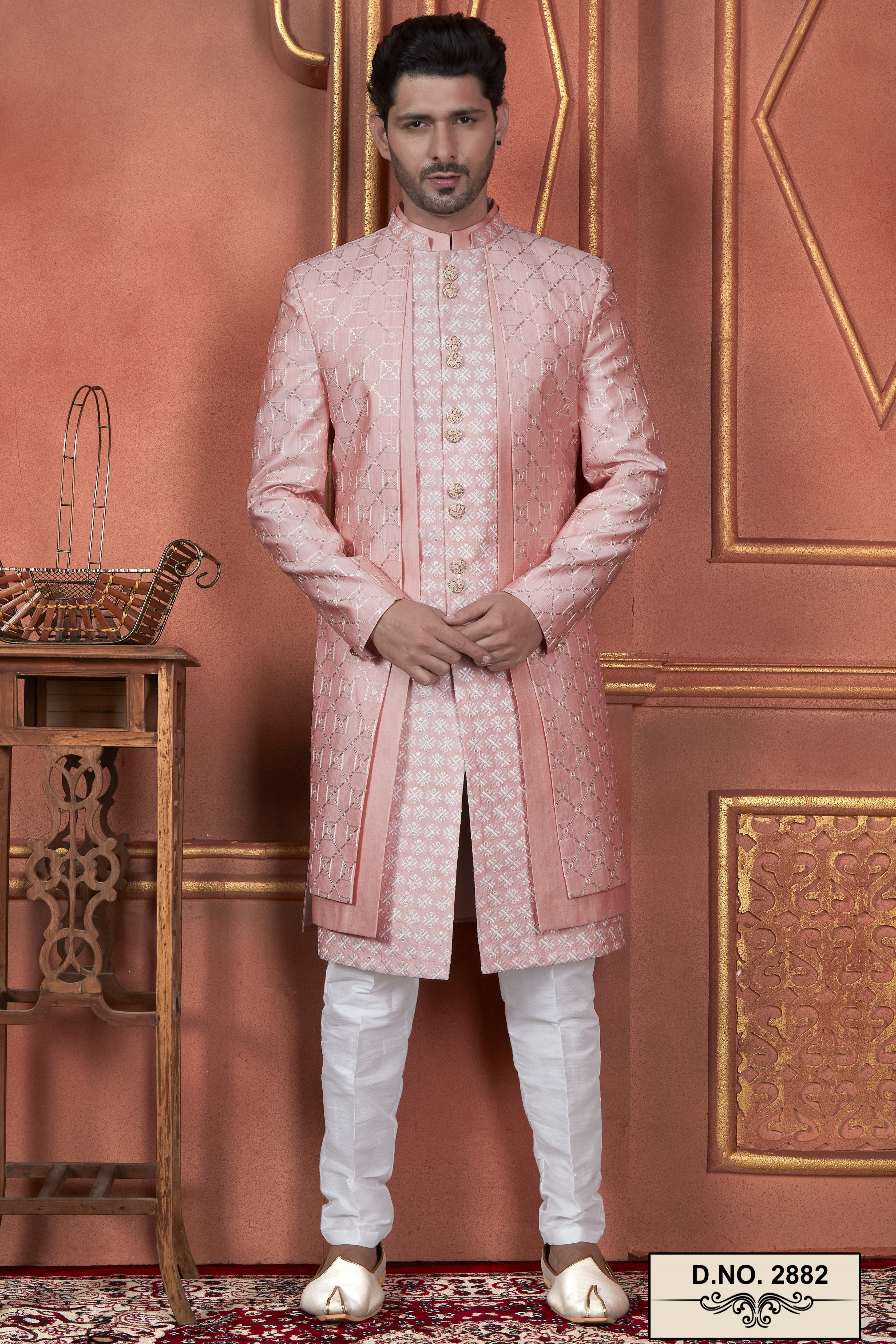 Pink Art Silk Traditional Indo Western Sherwani Kurta with Jacket & Pant Suit for Men - Thread Embroidery Work