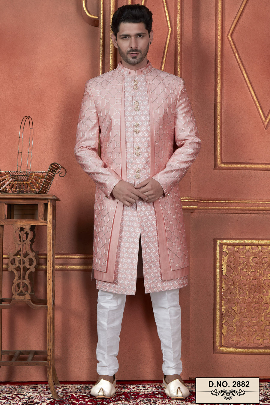 Pink Art Silk Traditional Indo Western Sherwani Kurta with Jacket & Pant Suit for Men - Thread Embroidery Work
