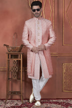 Pink Art Silk Traditional Indo Western Sherwani Kurta with Jacket & Pant Suit for Men - Thread Embroidery Work