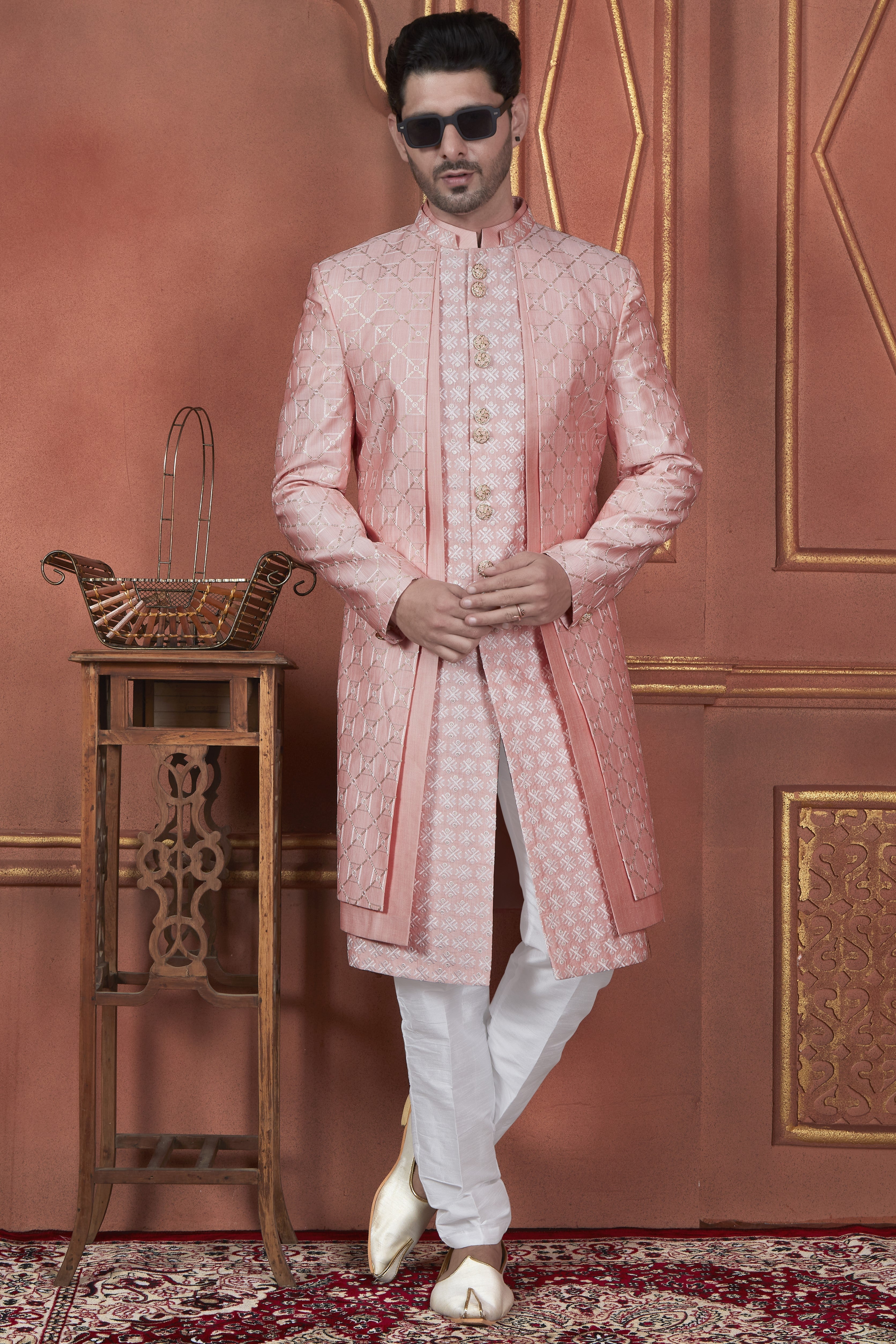 Pink Art Silk Traditional Indo Western Sherwani Kurta with Jacket & Pant Suit for Men - Thread Embroidery Work