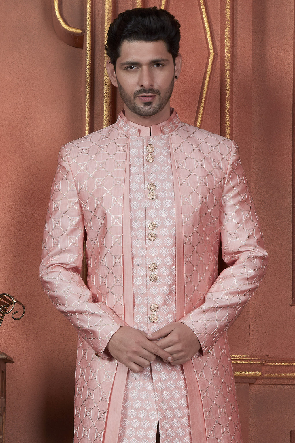 Pink Art Silk Traditional Indo Western Sherwani Kurta with Jacket & Pant Suit for Men - Thread Embroidery Work