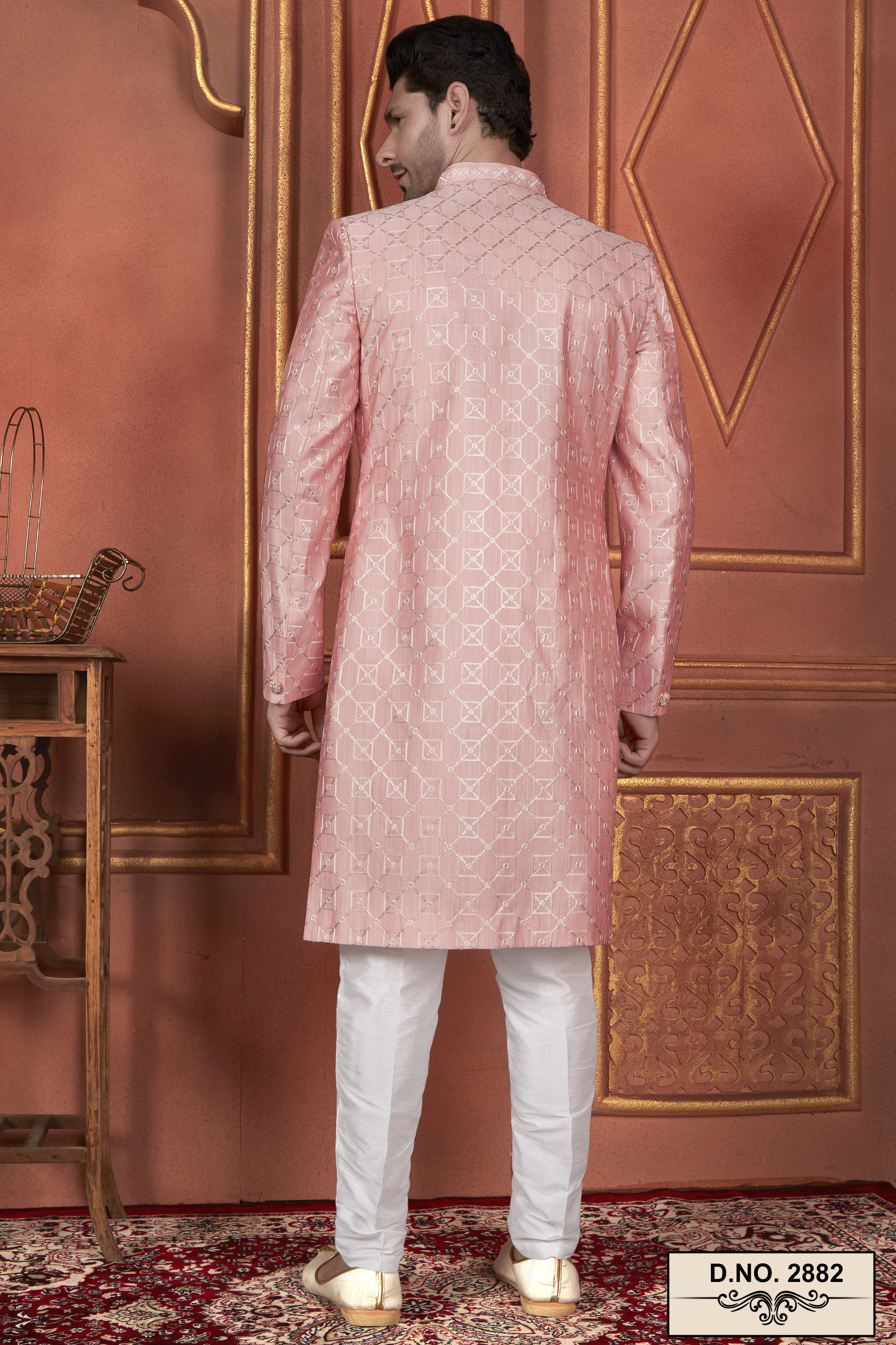 Pink Art Silk Traditional Indo Western Sherwani Kurta with Jacket & Pant Suit for Men - Thread Embroidery Work