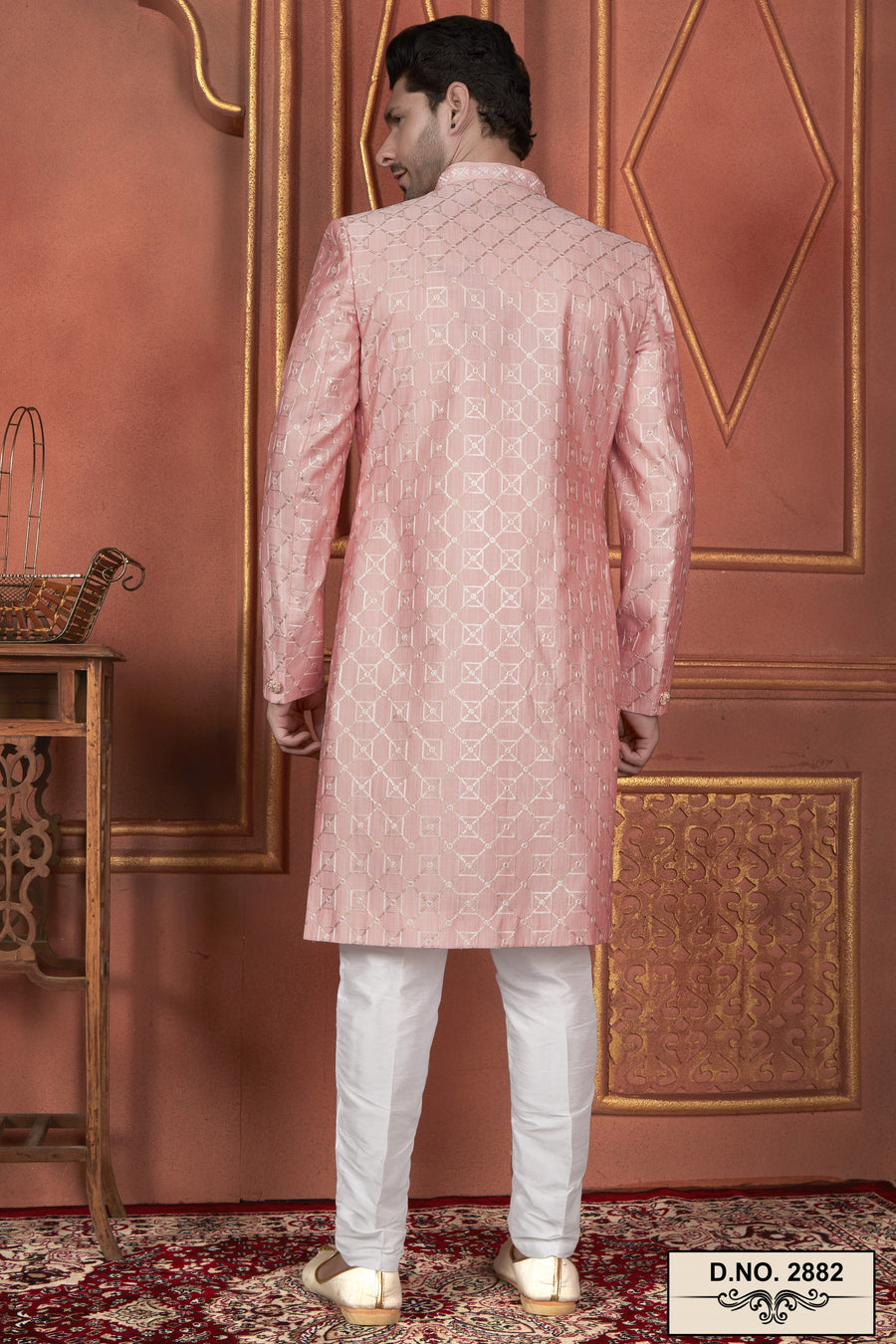 Pink Art Silk Traditional Indo Western Sherwani Kurta with Jacket & Pant Suit for Men - Thread Embroidery Work