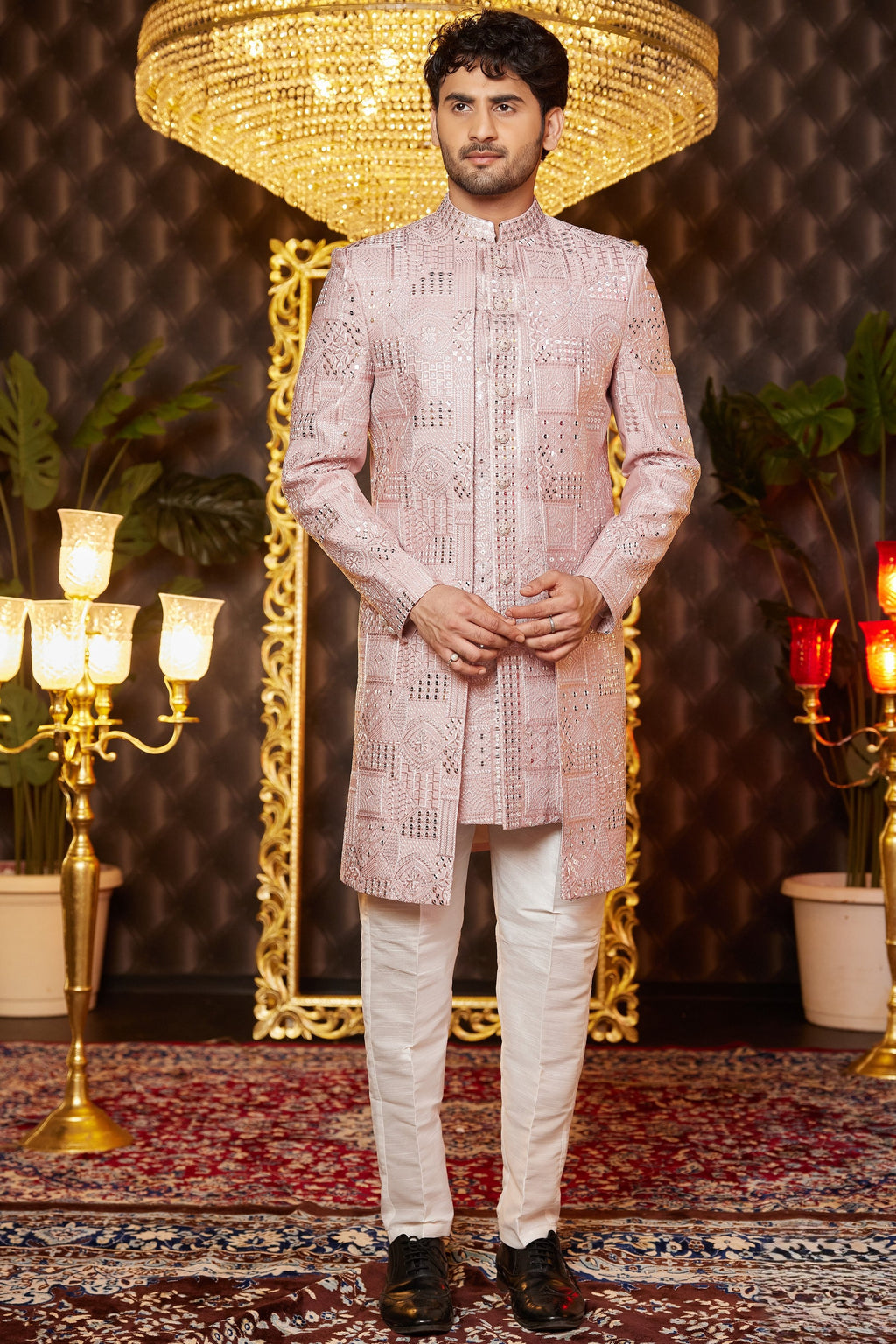 Pink Art Silk Traditional Indo Western Sherwani Long Kurta & Pant for Men for Wedding - Embroidery Work