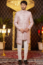 Pink Art Silk Traditional Indo Western Sherwani Long Kurta & Pant for Men for Wedding - Embroidery Work