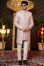 Pink Art Silk Traditional Indo Western Sherwani Long Kurta & Pant for Men for Wedding - Embroidery Work