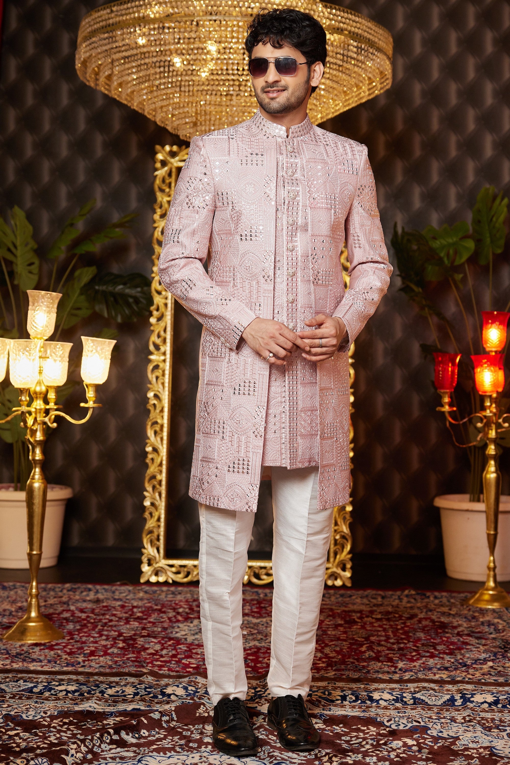 Pink Art Silk Traditional Indo Western Sherwani Long Kurta & Pant for Men for Wedding - Embroidery Work