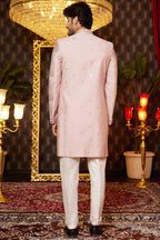 Pink Art Silk Traditional Indo Western Sherwani Long Kurta & Pant for Men for Wedding - Embroidery Work