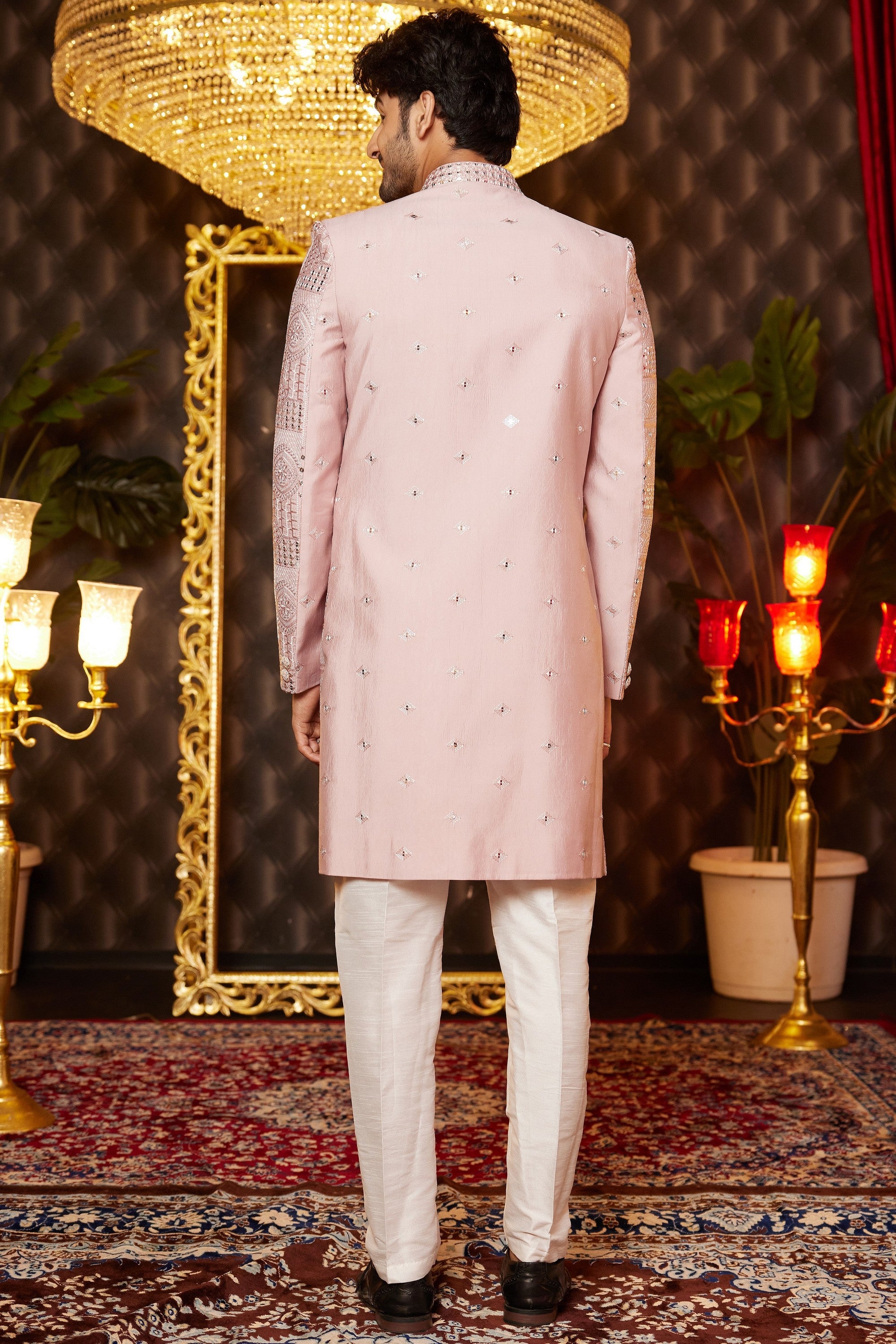Pink Art Silk Traditional Indo Western Sherwani Long Kurta & Pant for Men for Wedding - Embroidery Work