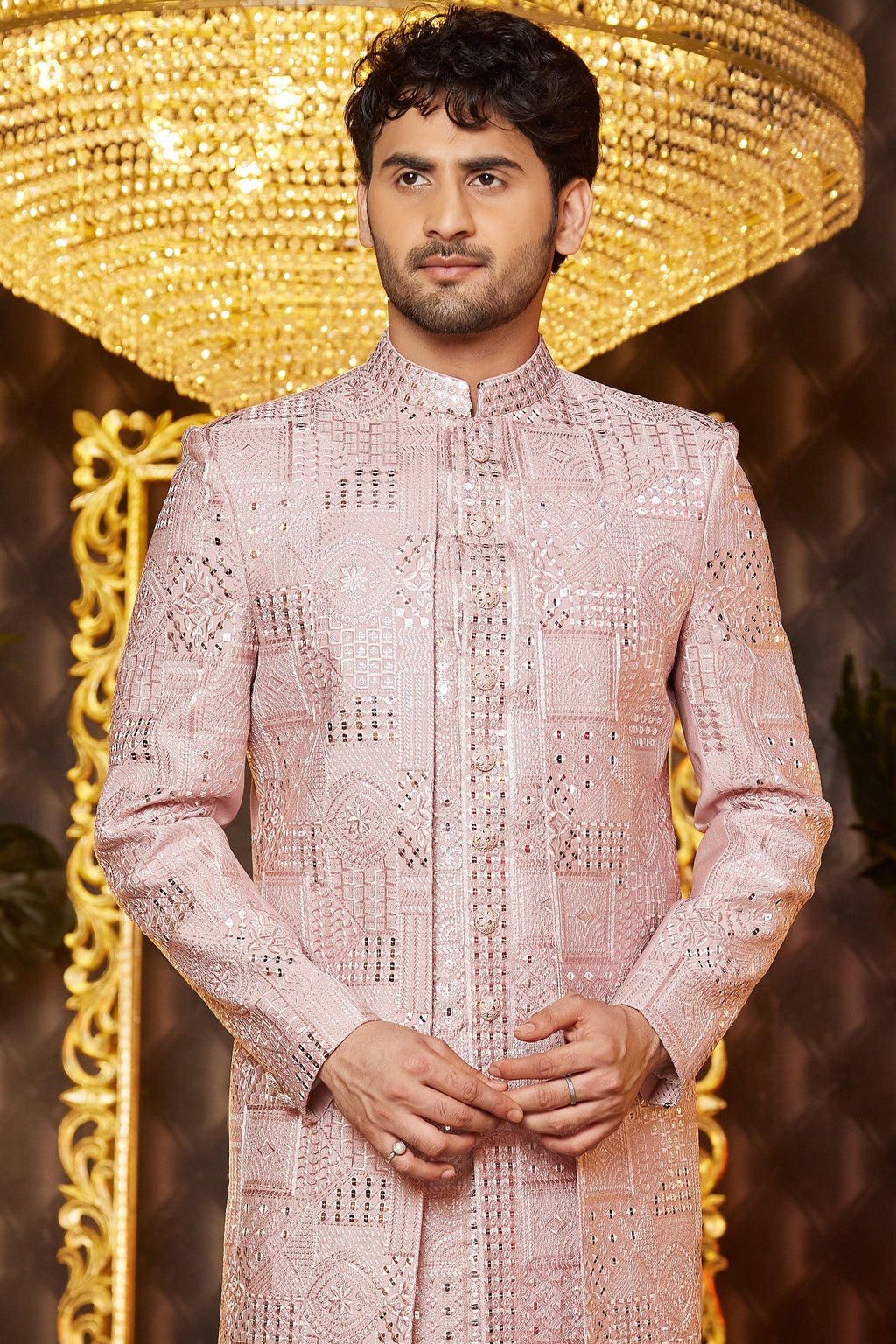 Pink Art Silk Traditional Indo Western Sherwani Long Kurta & Pant for Men for Wedding - Embroidery Work