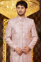 Pink Art Silk Traditional Indo Western Sherwani Long Kurta & Pant for Men for Wedding - Embroidery Work